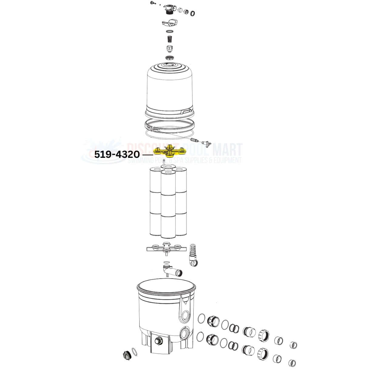 Exploded view diagram of Waterway Top Manifold 519-4320 for Crystal Water Cartridge Filters at Discount Pool Mart DPM.