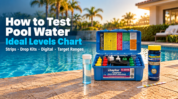 How to Test Pool Water: Ideal Levels Chart — Taylor K-2006 test kit and AquaChek strips poolside