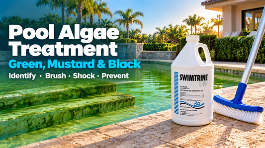 Pool Algae Treatment: Green, Mustard & Black — Swimtrine Plus algaecide and brush beside a green pool