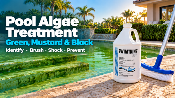 Pool Algae Treatment: Green, Mustard & Black — Swimtrine Plus algaecide and brush beside a green pool