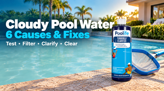Cloudy Pool Water: 6 Causes and Fixes — Poolife TurboBlu clarifier beside a cloudy pool