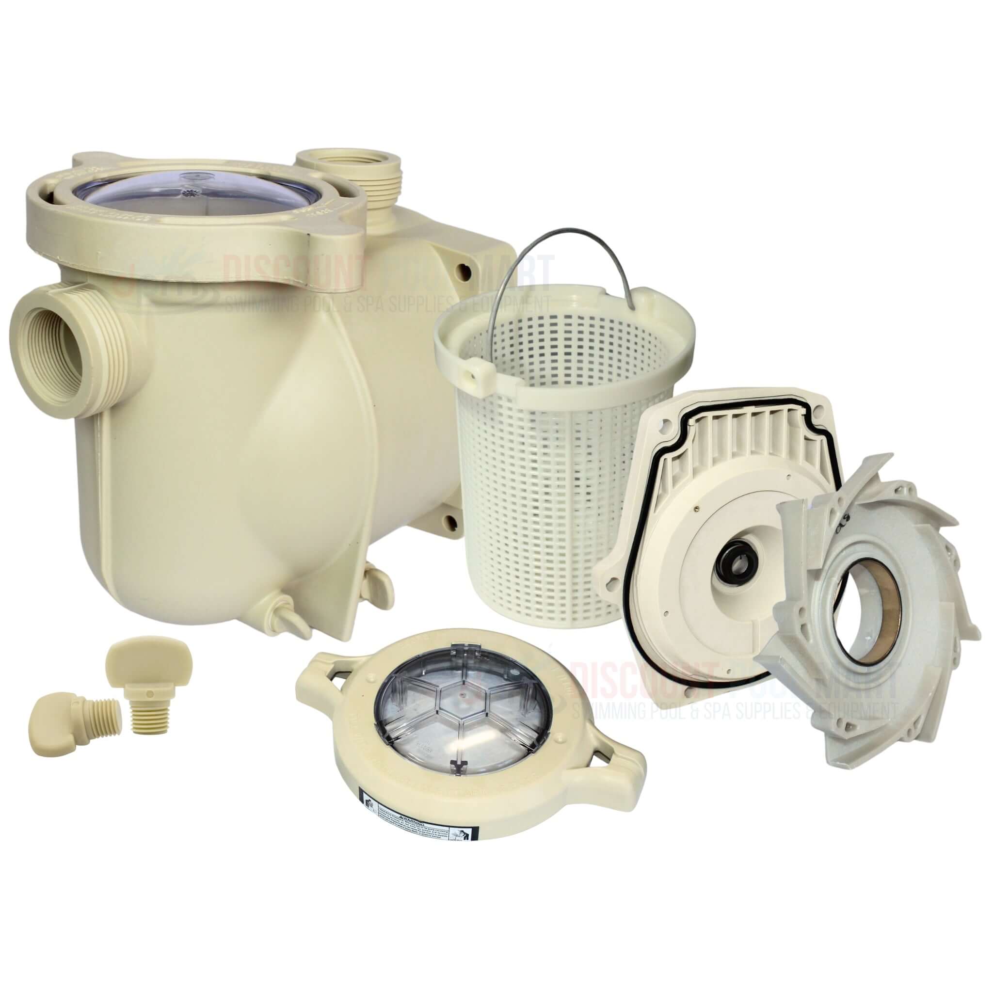 Pump parts collection from Discount Pool Mart (DPM), including filters, baskets, and fittings for pool maintenance.