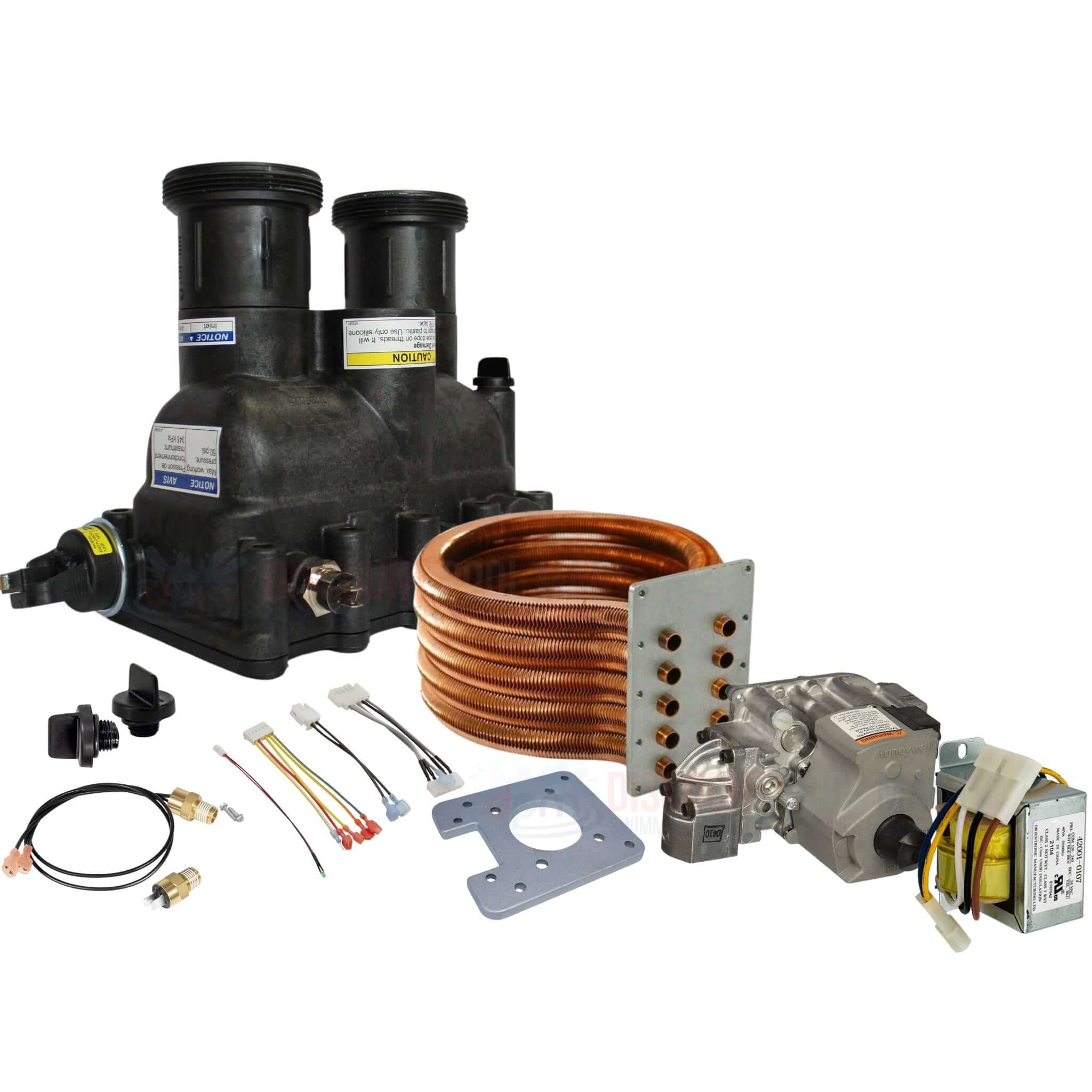 Heater & heat pump parts including copper coil, valves, and connectors from Discount Pool Mart DPM for pool heating.
