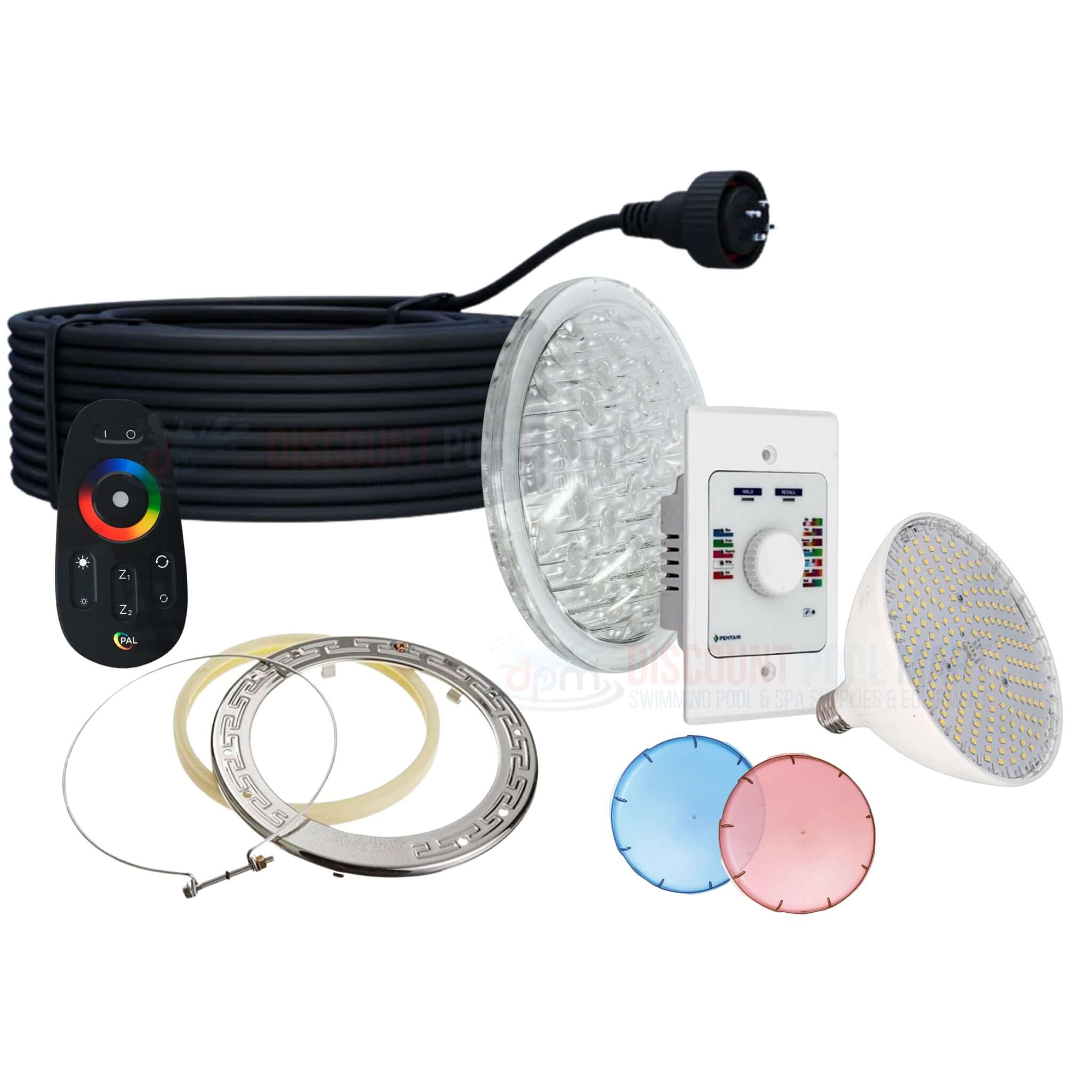 Lighting parts including LED lights and remote control for pool illumination from Discount Pool Mart DPM.