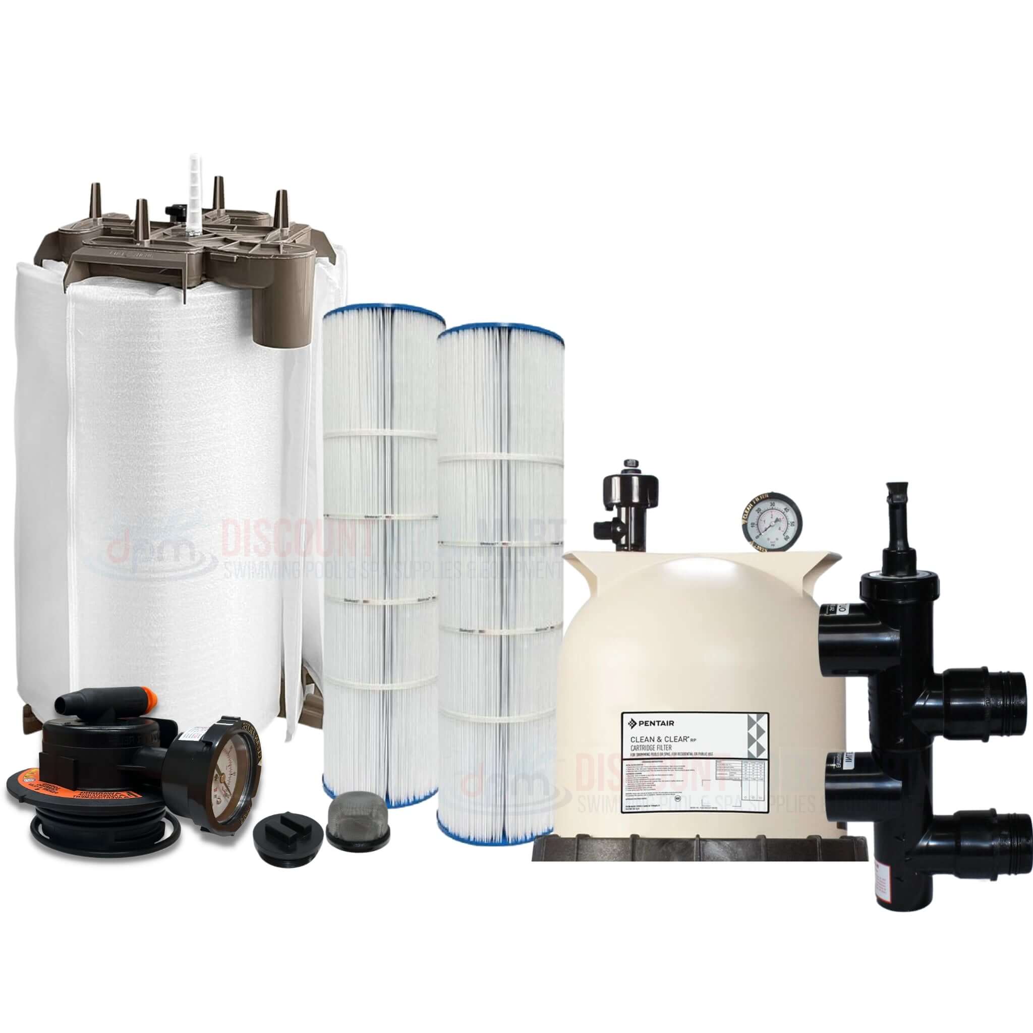 Filter parts collection from Discount Pool Mart (DPM) including pump, filter, and components for efficient pool maintenance.