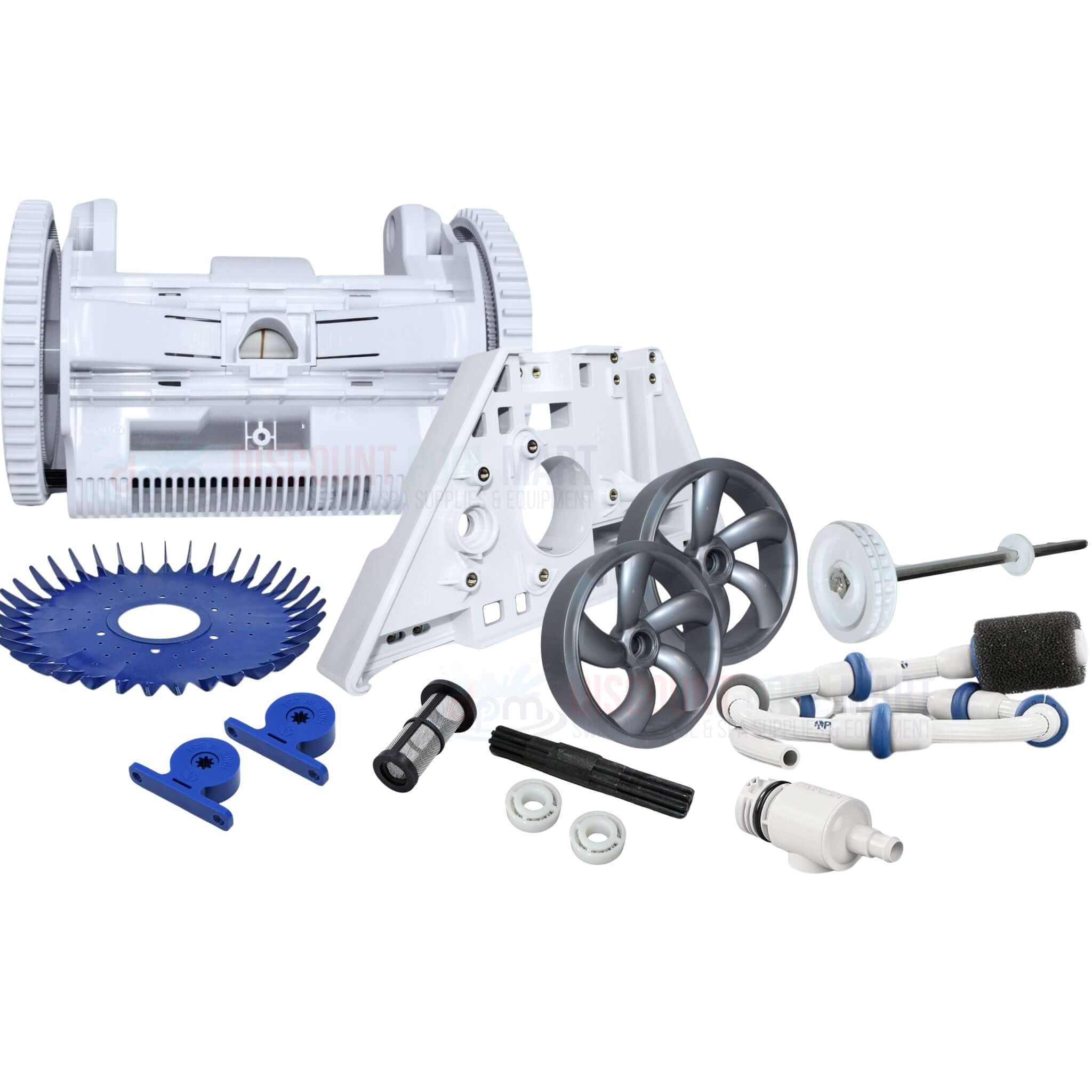 Cleaner parts for pool maintenance from Discount Pool Mart DPM, including wheels, gears, and cleaning components.