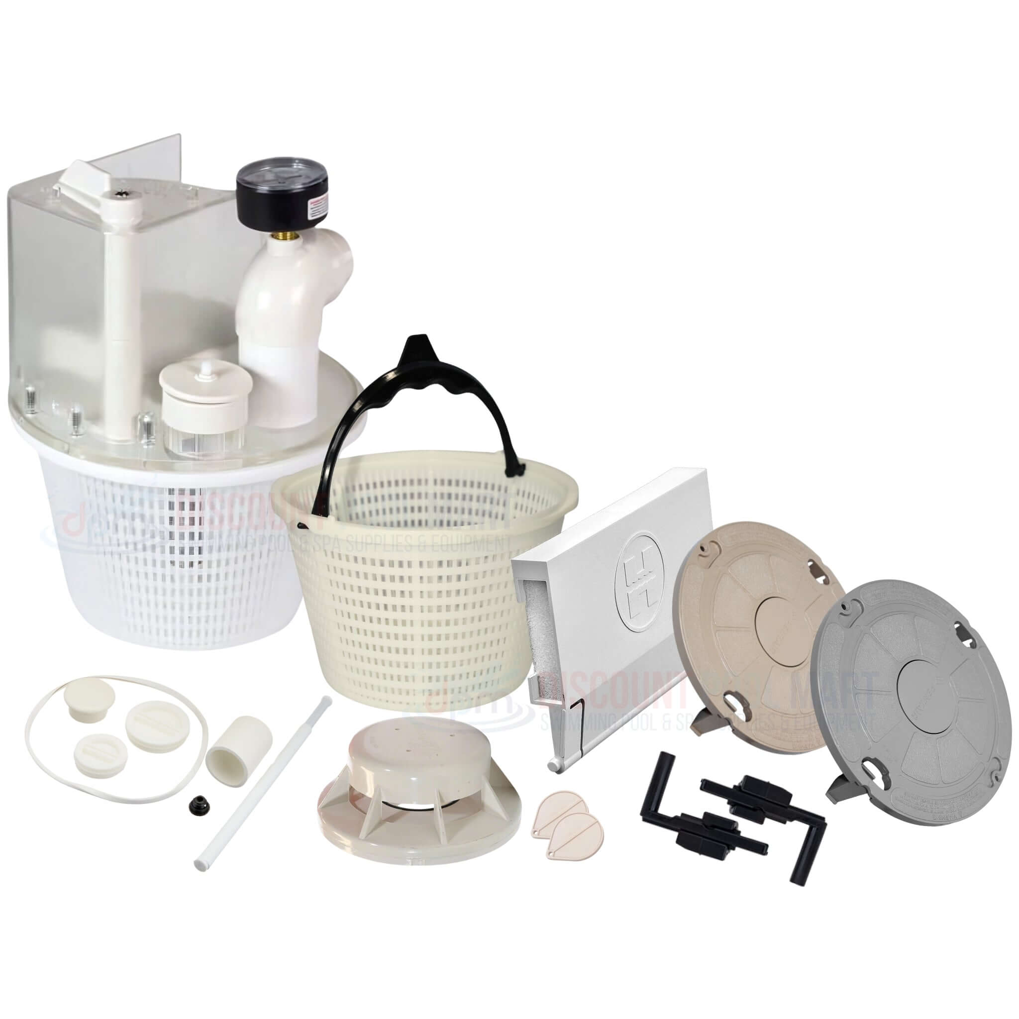 Skimmer parts collection from Discount Pool Mart DPM, including baskets, lids, and connections for pool maintenance.