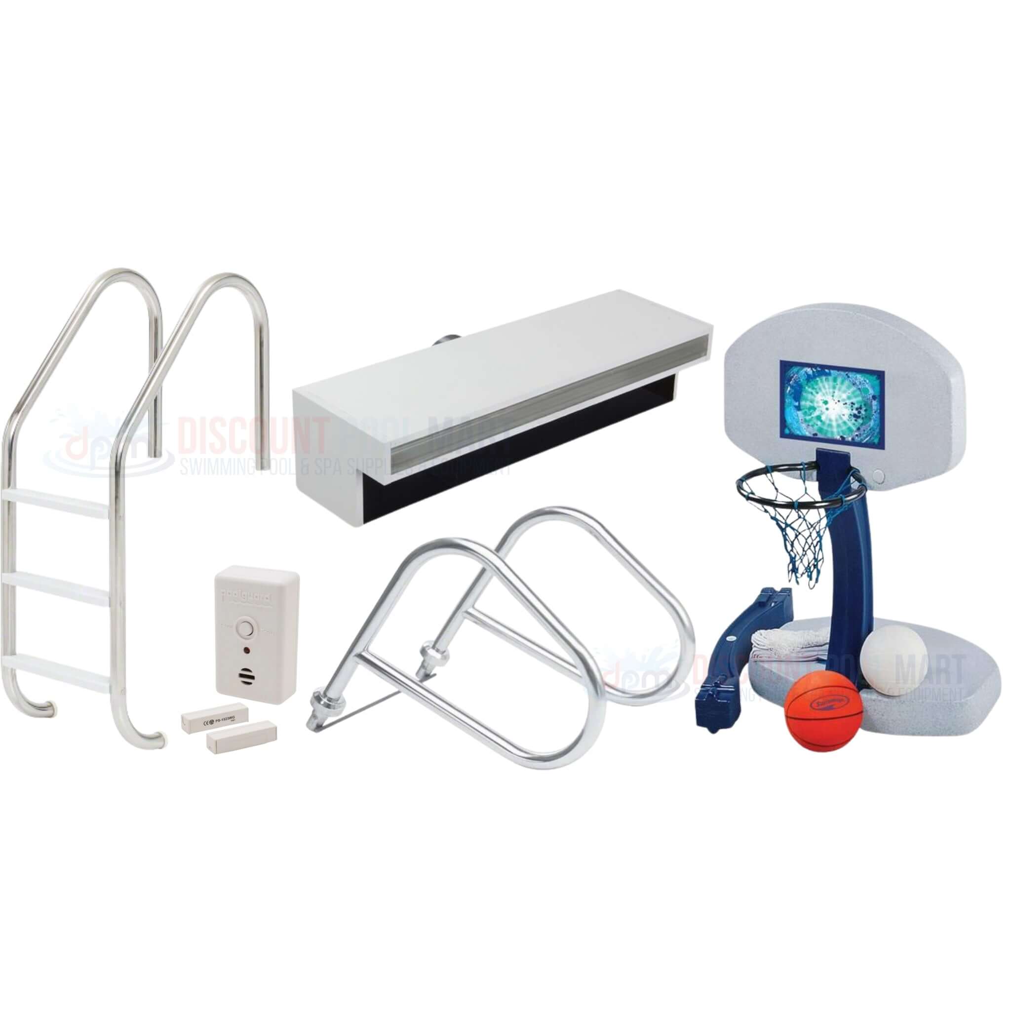 Accessories collection including pool ladder, basketball set, and spa products from Discount Pool Mart (DPM) for home enjoyment.