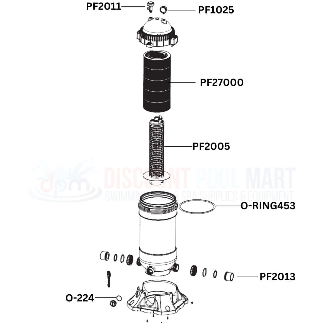 AquaStar Pipeline PLF27000 Filter parts diagram including PF2011, PF1025, PF27000, O-RING453 from Discount Pool Mart DPM.