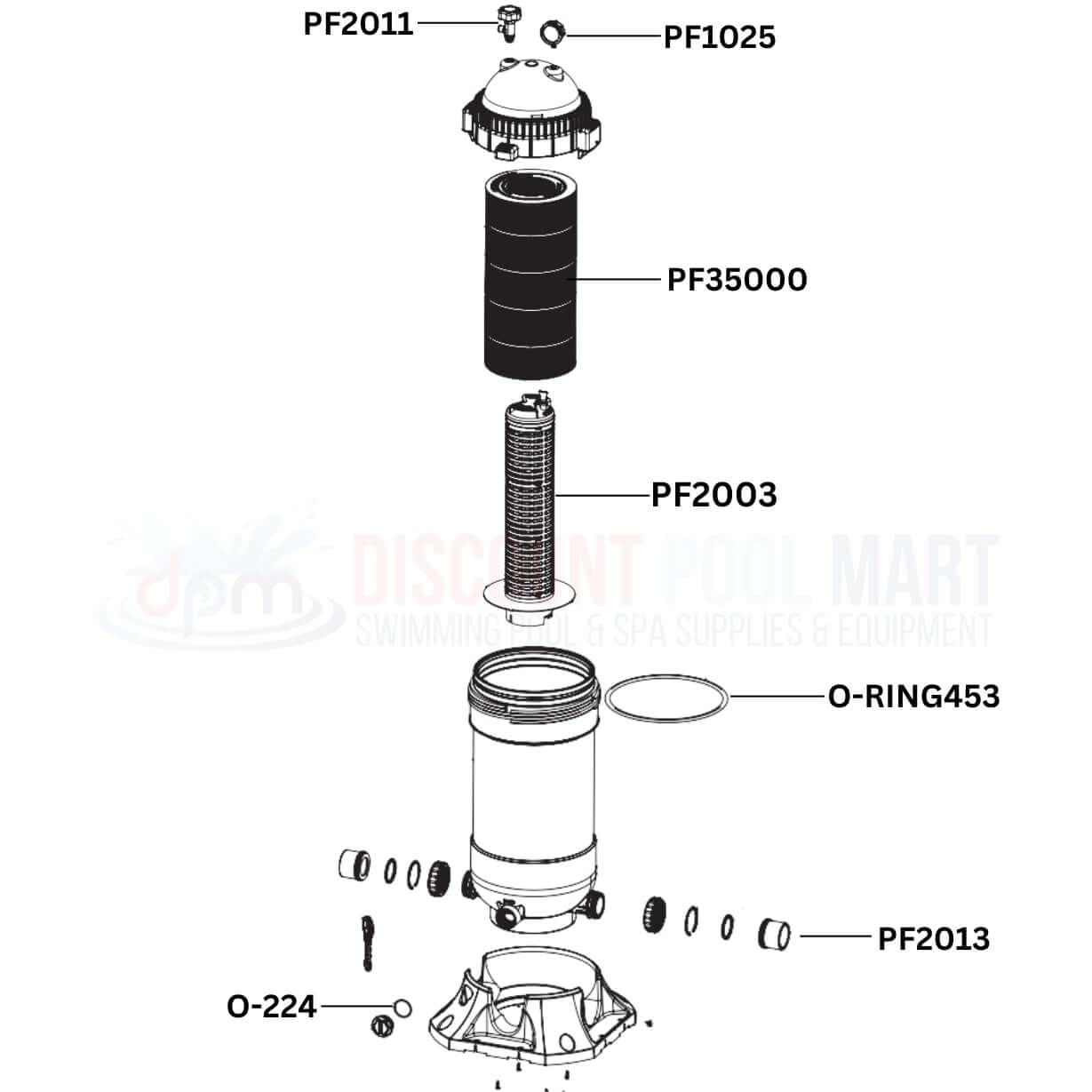 AquaStar PLF35000 filter replacement parts diagram with labeled components from Discount Pool Mart DPM for optimal filtration.