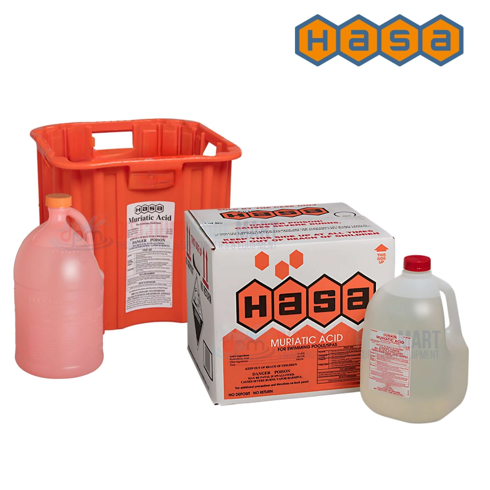 HASA muriatic acid supplies for pool maintenance available at Discount Pool Mart (DPM). Essential acid & balancers.