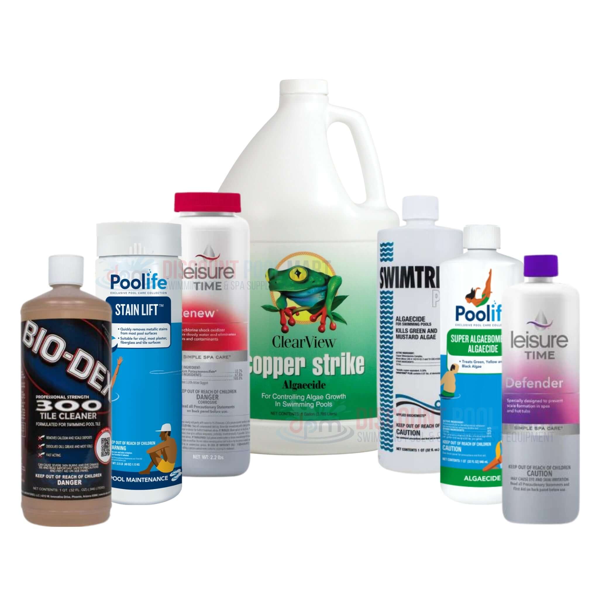 Algaecide and water clarifiers collection at Discount Pool Mart DPM for effective pool maintenance and algae control.