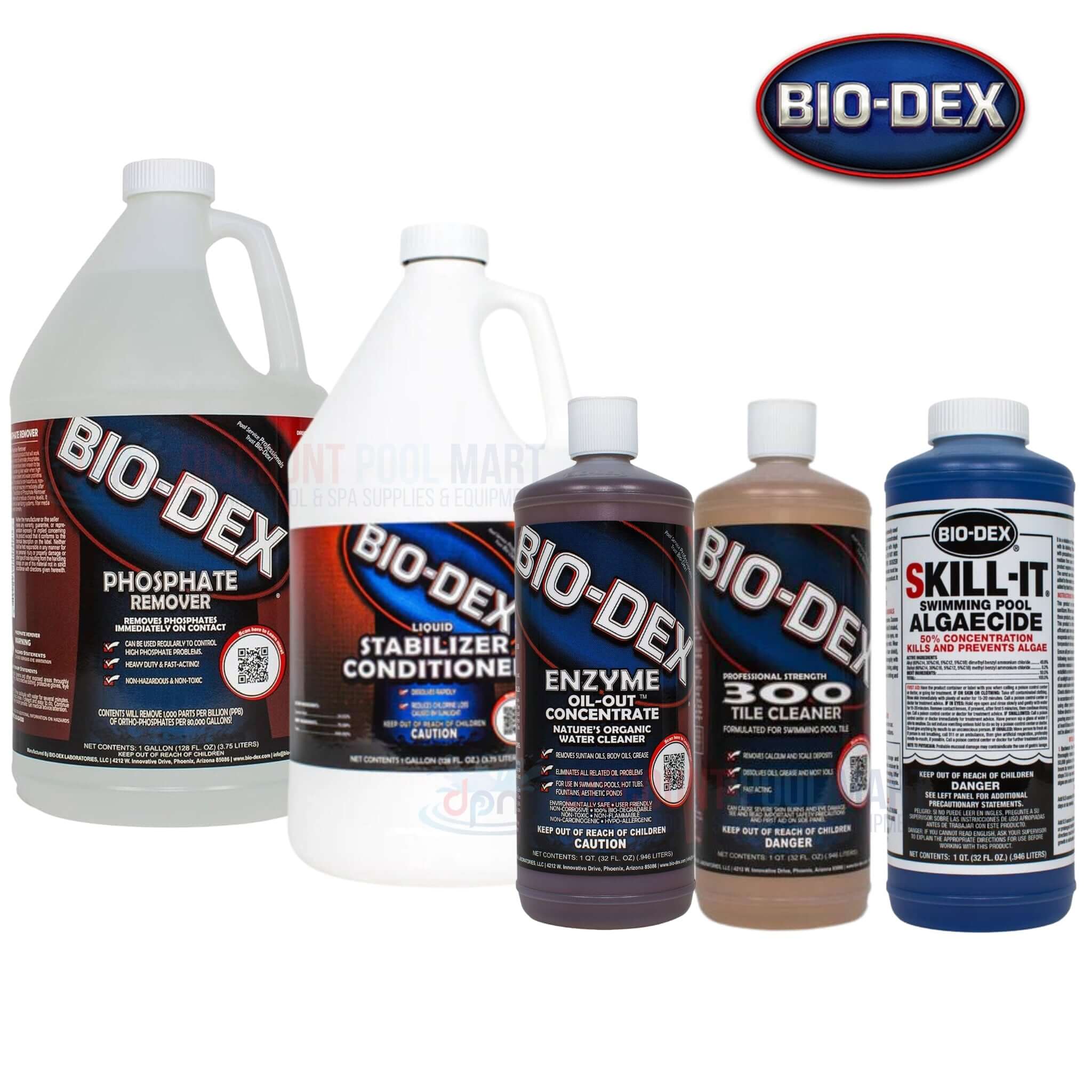 Bio-Dex pool chemicals including Phosphate Remover, Stabilizer, Enzyme, Tile Cleaner, and Algaecide at Discount Pool Mart DPM.