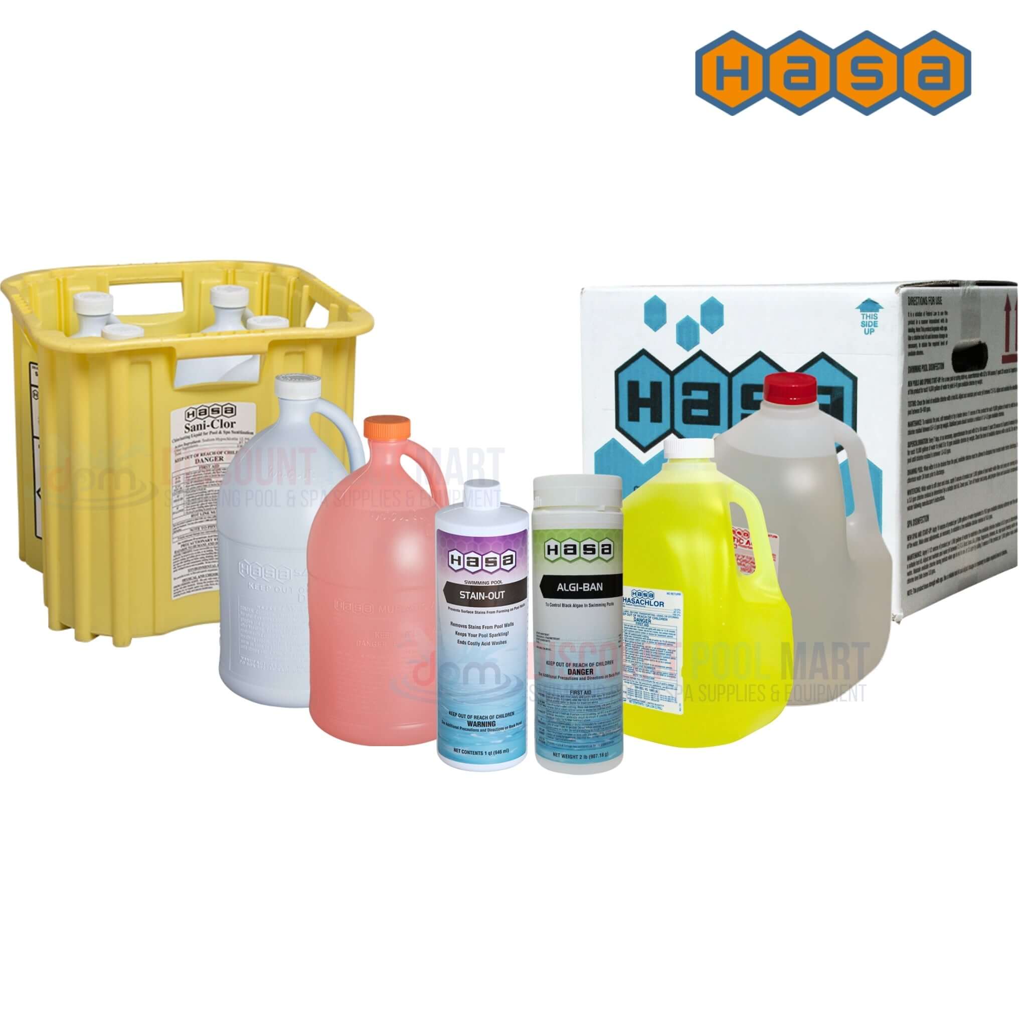 HASA equipment and chemicals collection at Discount Pool Mart DPM, showcasing pool maintenance supplies and products.