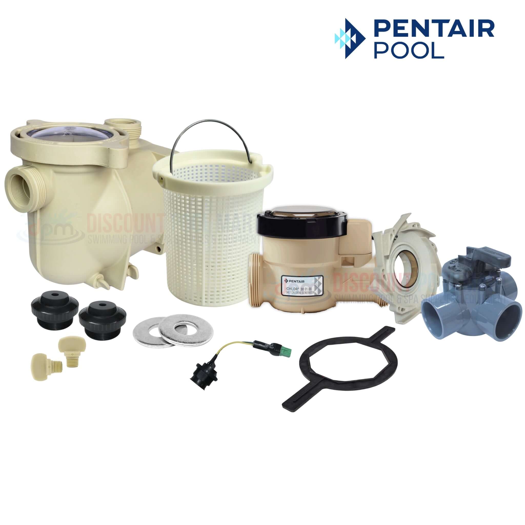 Pentair pool equipment and products featuring basket, valves, and accessories from Discount Pool Mart (DPM).