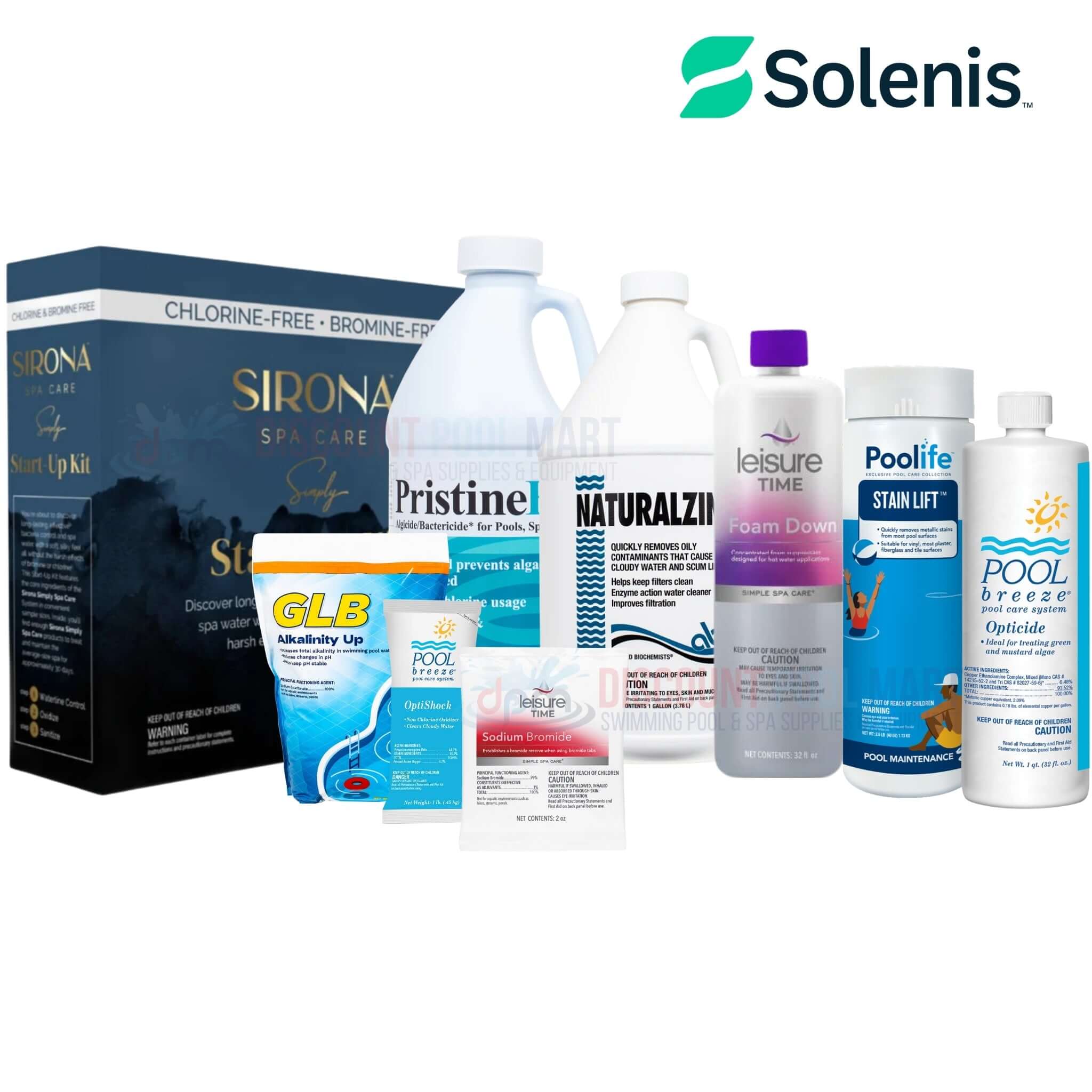 All Solenis chemicals collection for pool care at Discount Pool Mart DPM, featuring spa care kits and maintenance solutions.