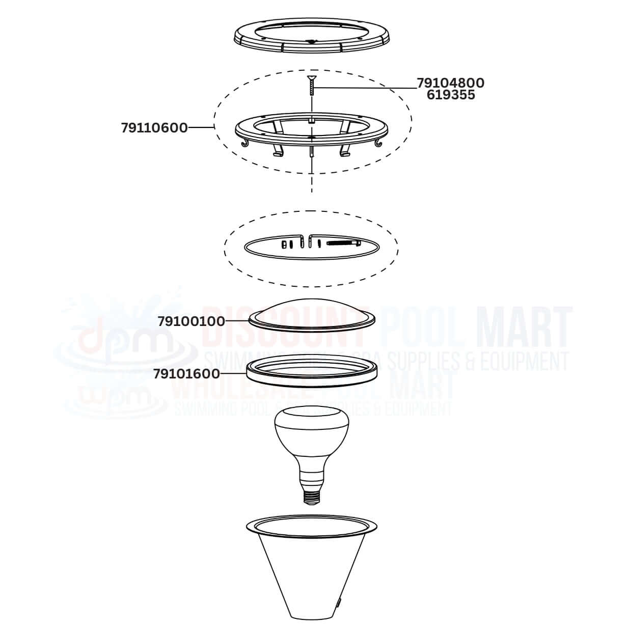 Pentair AmerLite Underwater Incandescent Pool Light replacement parts diagram, Discount Pool Mart DPM - essential components overview.