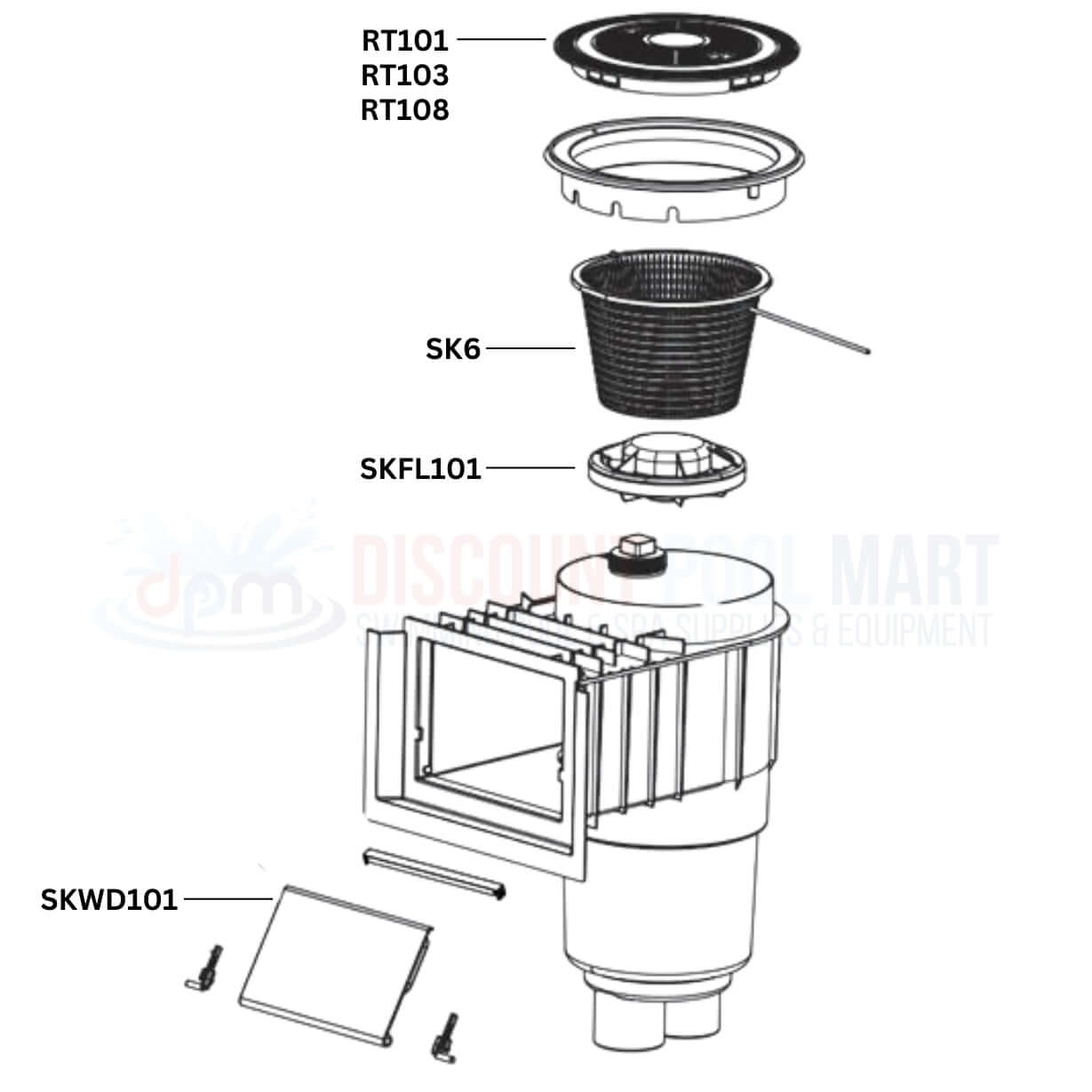 AquaStar Flow Star Skimmer Replacement Parts Diagram showing various components like RT101, SK6, and more. Discount Pool Mart DPM.