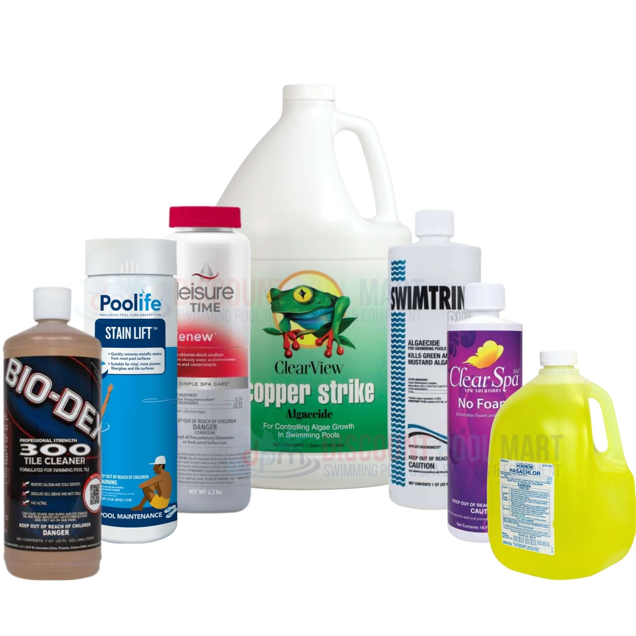 Chemicals for pool maintenance at Discount Pool Mart DPM, including cleaners, algaecides, and pool treatments.