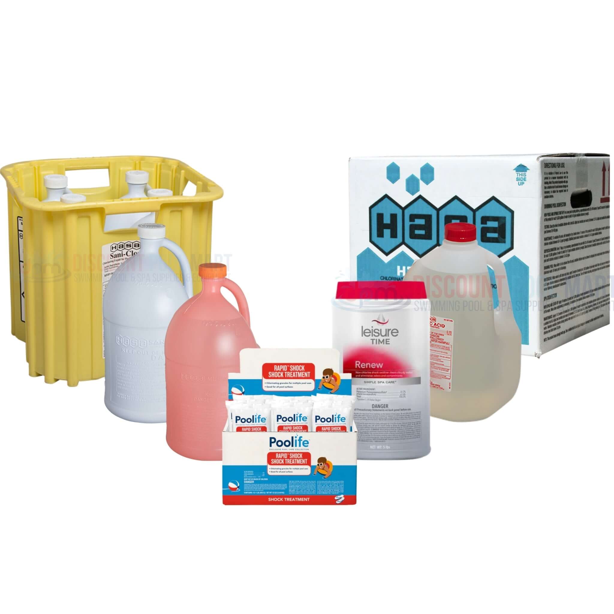 Chlorine and shock products from Discount Pool Mart (DPM) for effective pool maintenance and treatment.