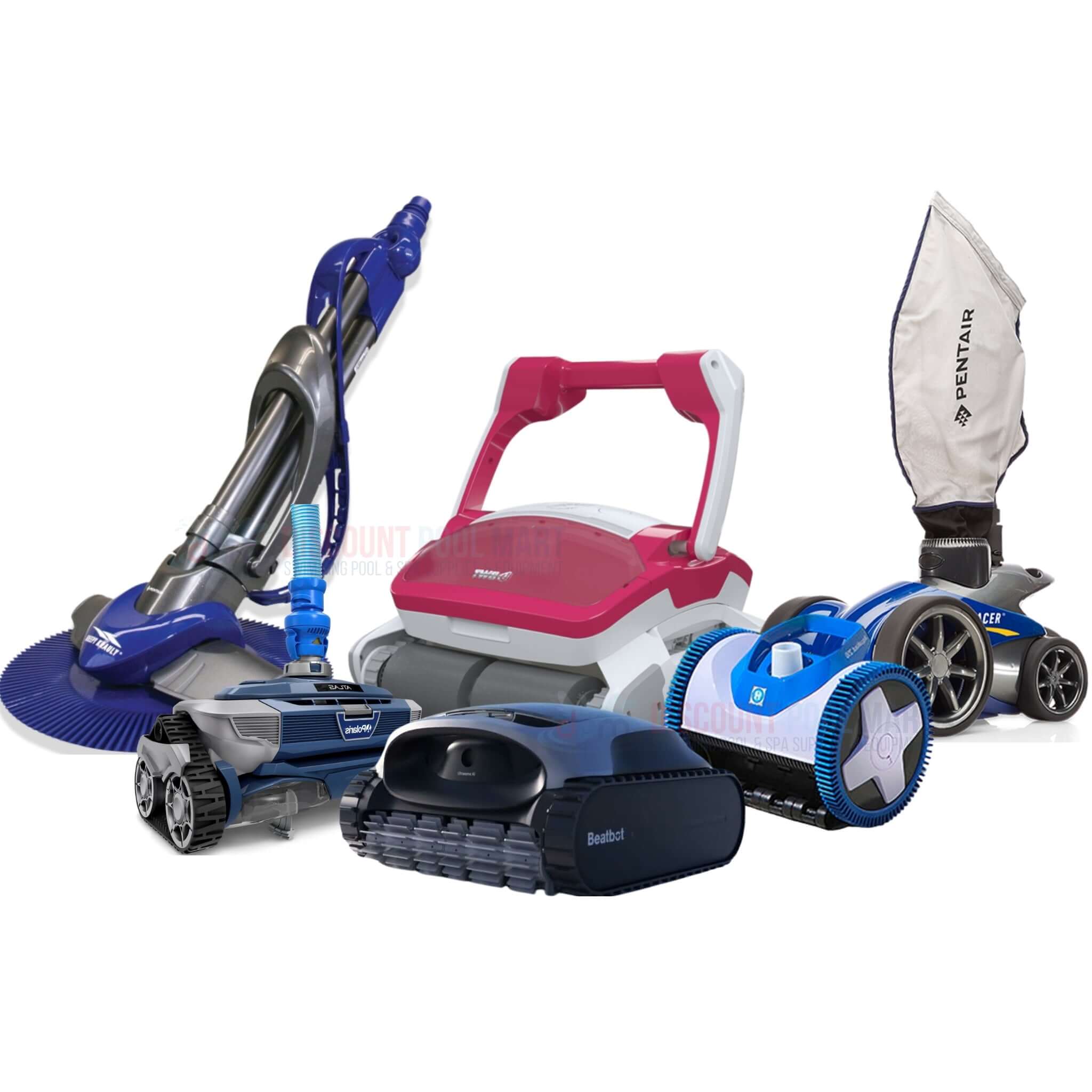 Discount Pool Mart DPM collection of pool cleaners, including robotic and manual options for effective cleaning.