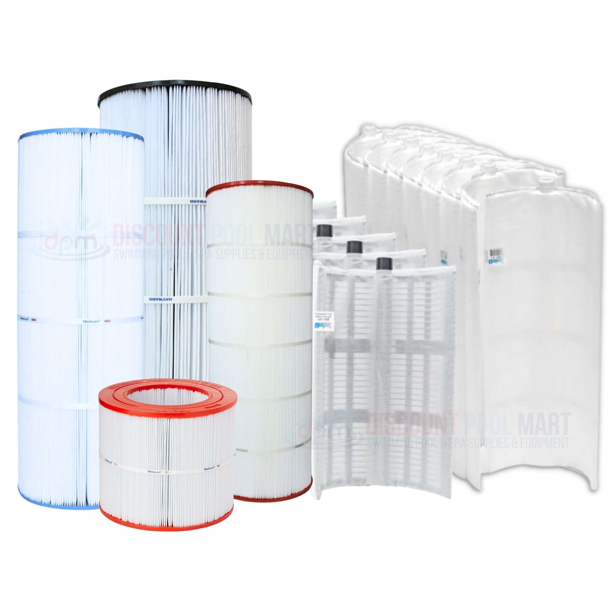 Array of pool cartridges and grids from Discount Pool Mart (DPM) for effective water filtration and maintenance.