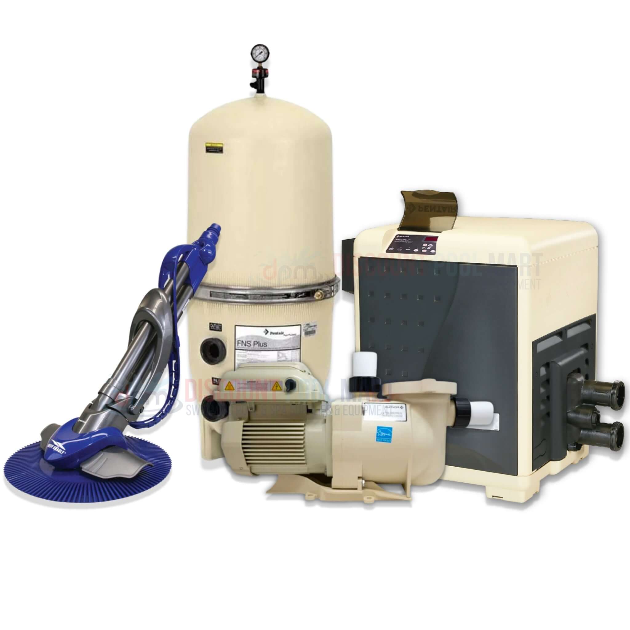 Pool equipment including filter, pump, and cleaner from Discount Pool Mart (DPM) for pool maintenance and care.