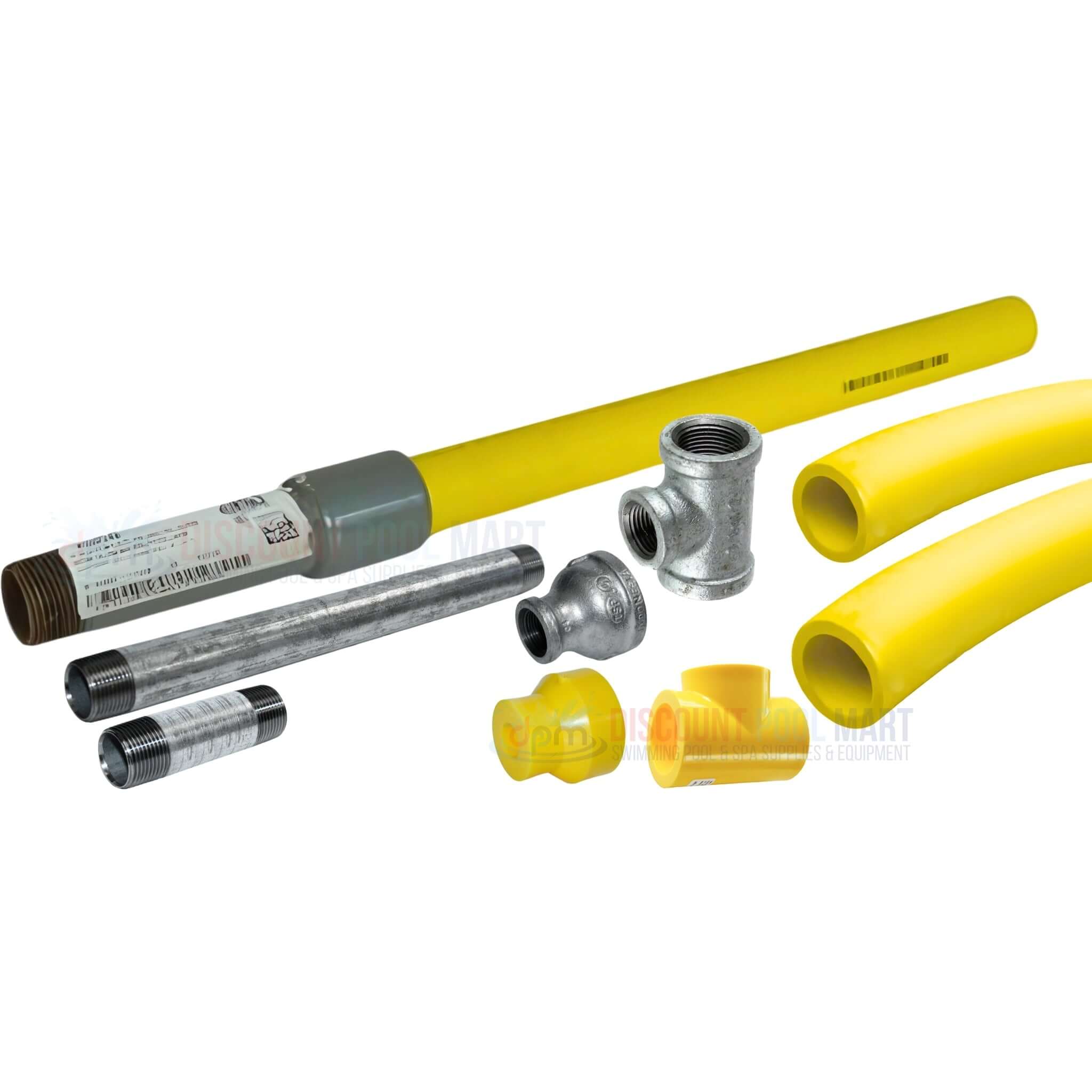 Galvanized gas and polyethylene pipe fittings from Discount Pool Mart DPM for plumbing projects.
