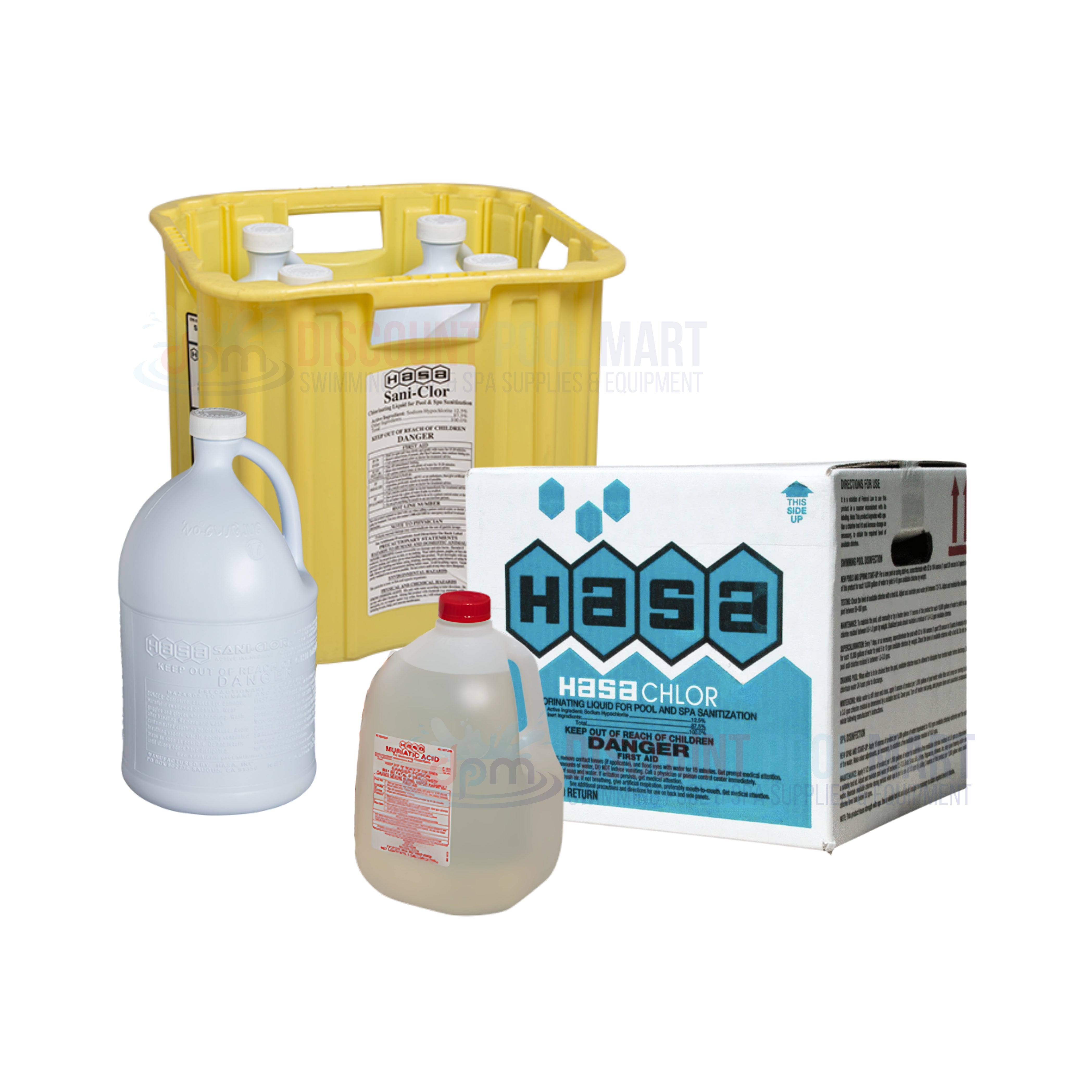 HASA Sani-Chlor Liquid Chlorine products displayed, available at Discount Pool Mart DPM for effective pool maintenance.