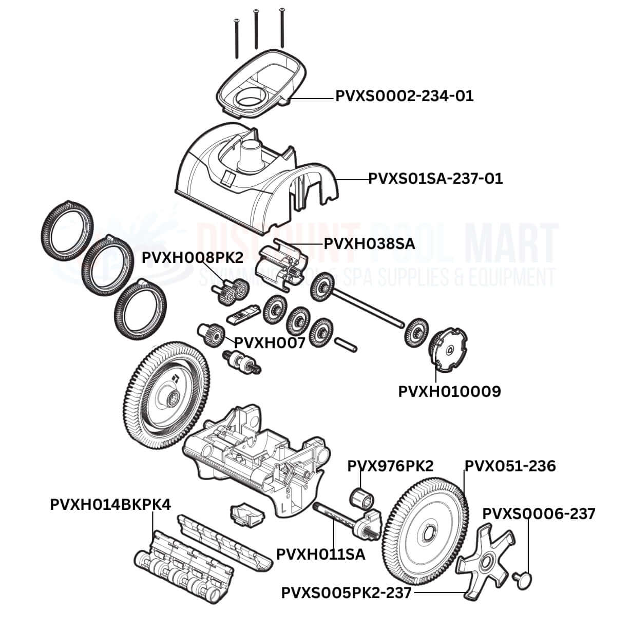 Hayward AquaNaut 2-Wheel Cleaner replacement parts diagram from Discount Pool Mart (DPM) including wheels, brushes, and gears.
