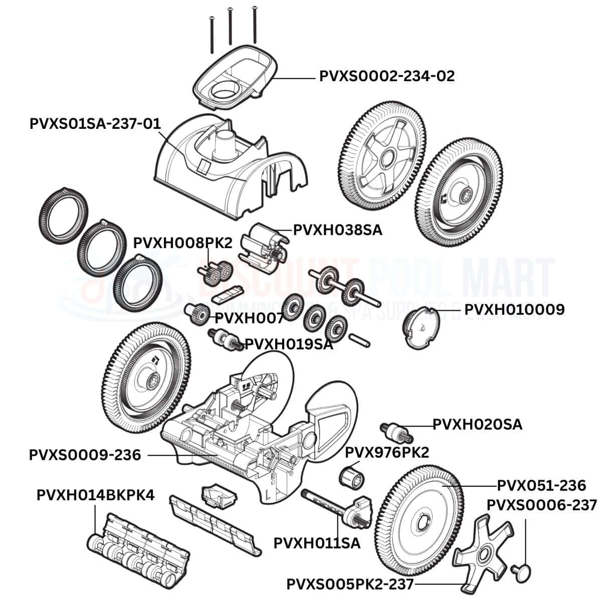 Hayward AquaNaut 4-Wheel Cleaner replacement parts diagram from Discount Pool Mart (DPM) for easy identification of repair parts.