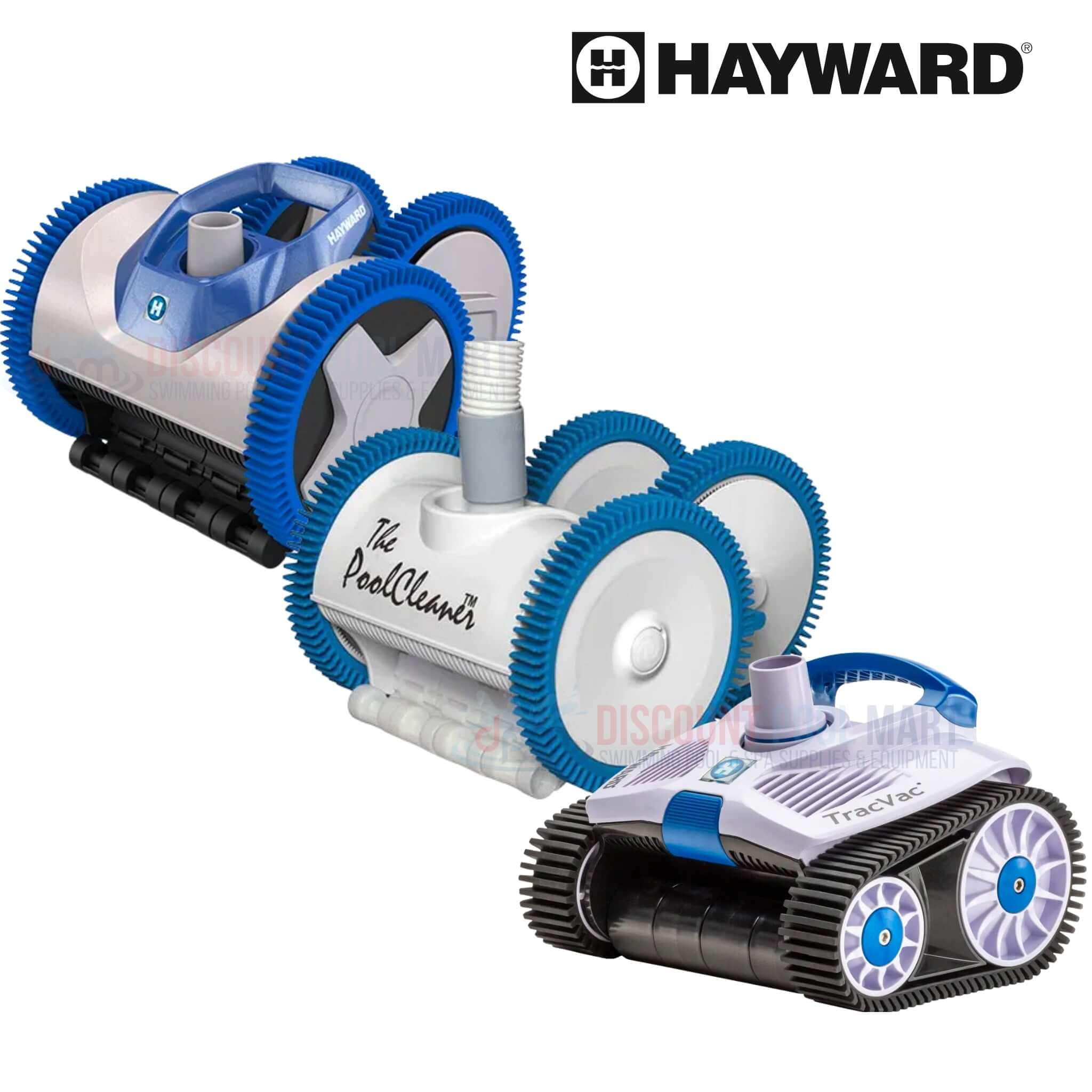Hayward pool cleaners displayed, featuring The PoolCleaner and TracVac models, available at Discount Pool Mart DPM.