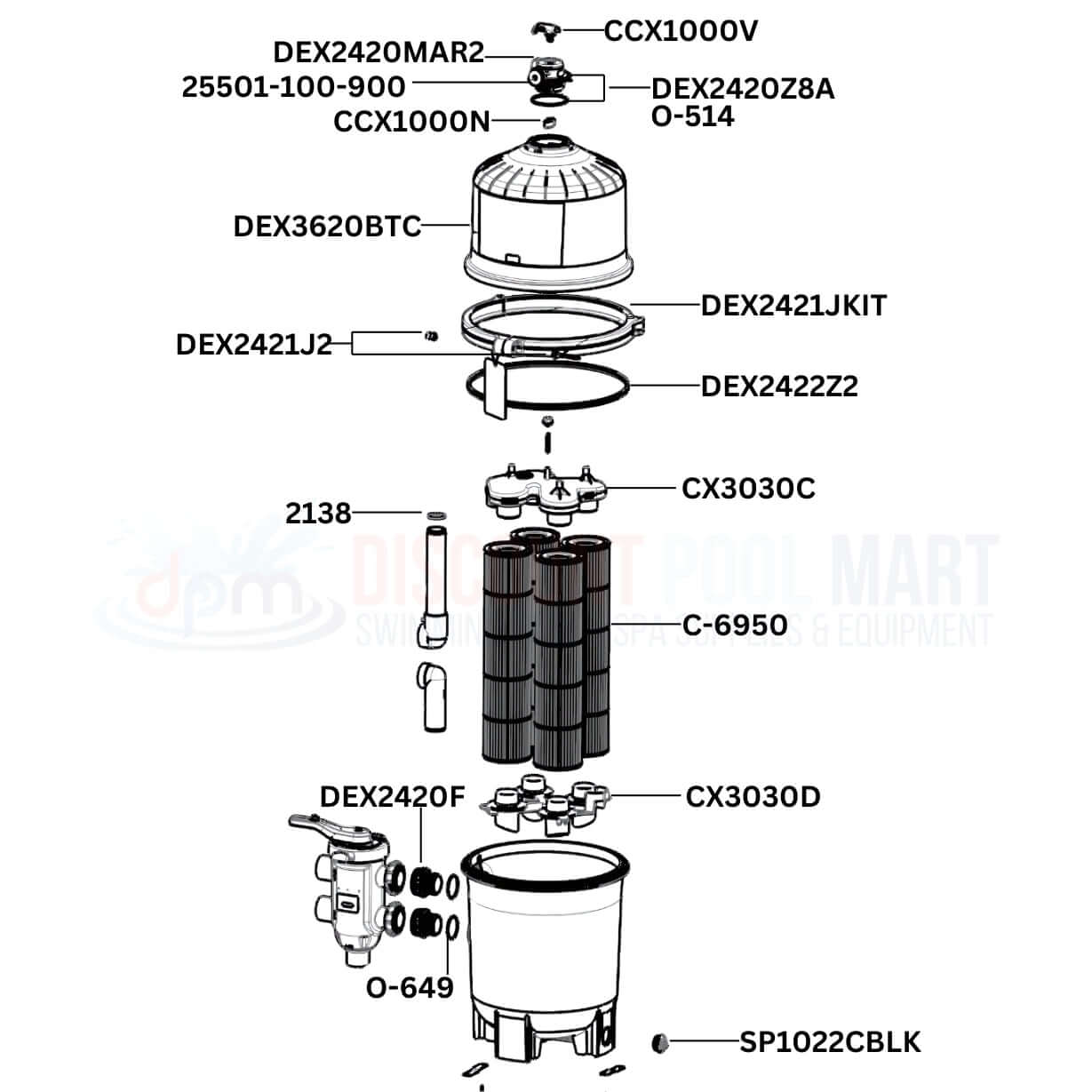 Hayward DEP 500 Series DEP60 Filter replacement parts diagram from Discount Pool Mart DPM, showing key components and assembly.