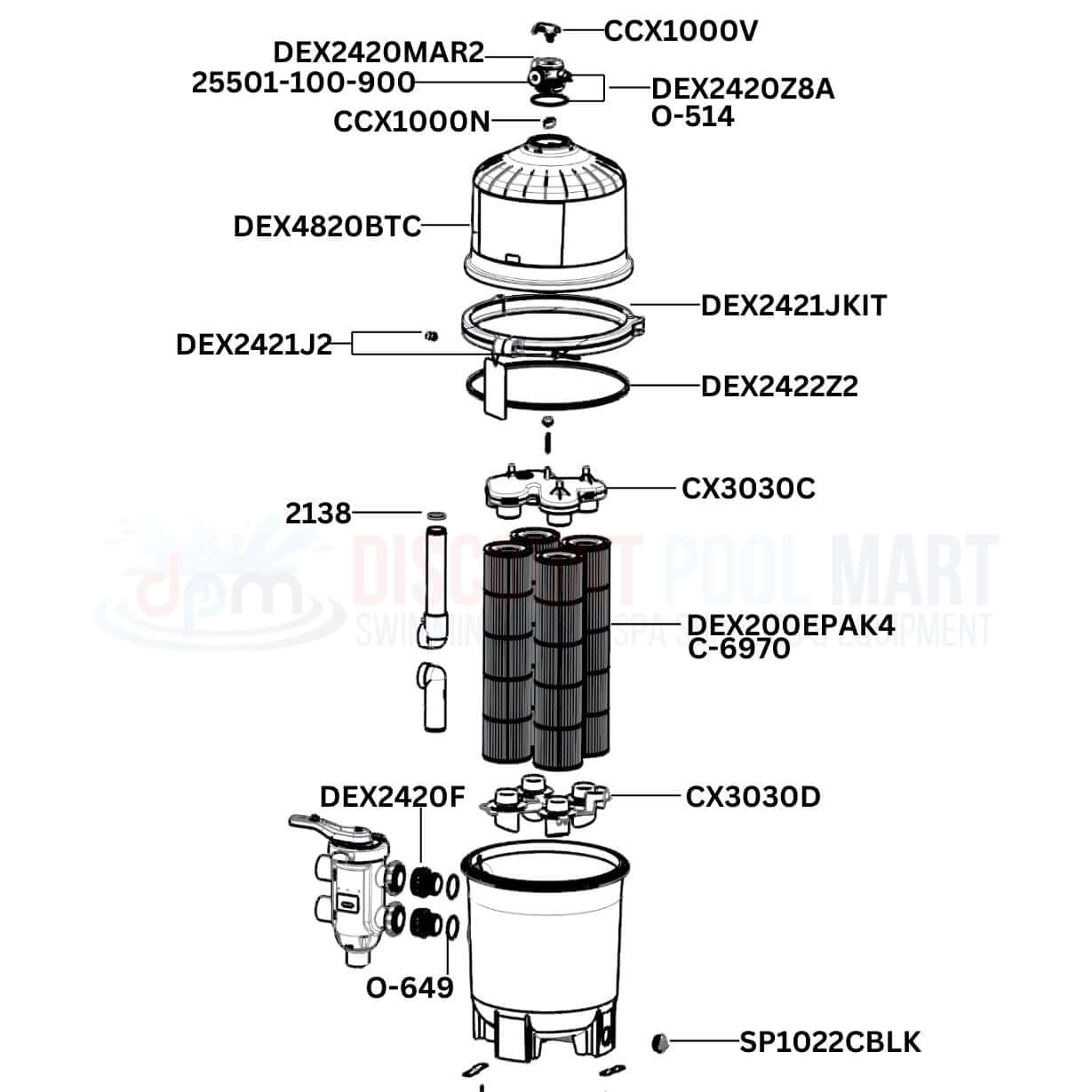 Hayward DEP 500 Series DEP80 filter replacement parts diagram from Discount Pool Mart DPM, showing essential components.
