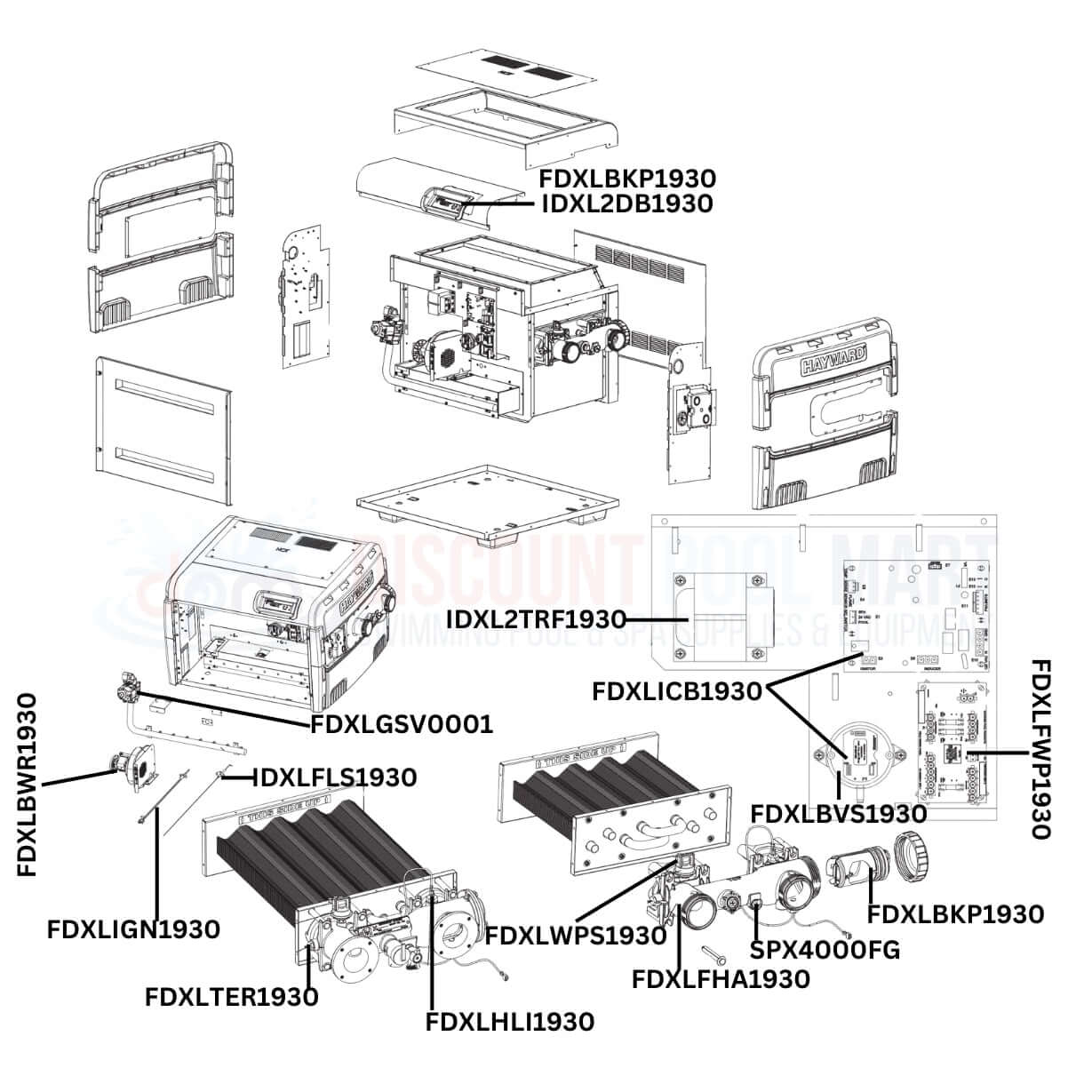 Hayward H-Series H150FDN Heater replacement parts diagram showing detailed components from Discount Pool Mart DPM.