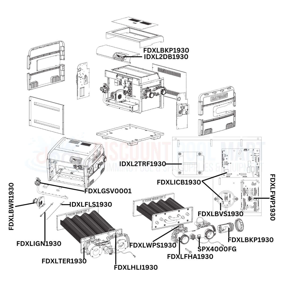 Replacement parts diagram for Hayward H-Series H200FDN Heater by Discount Pool Mart DPM for optimal pool heating.