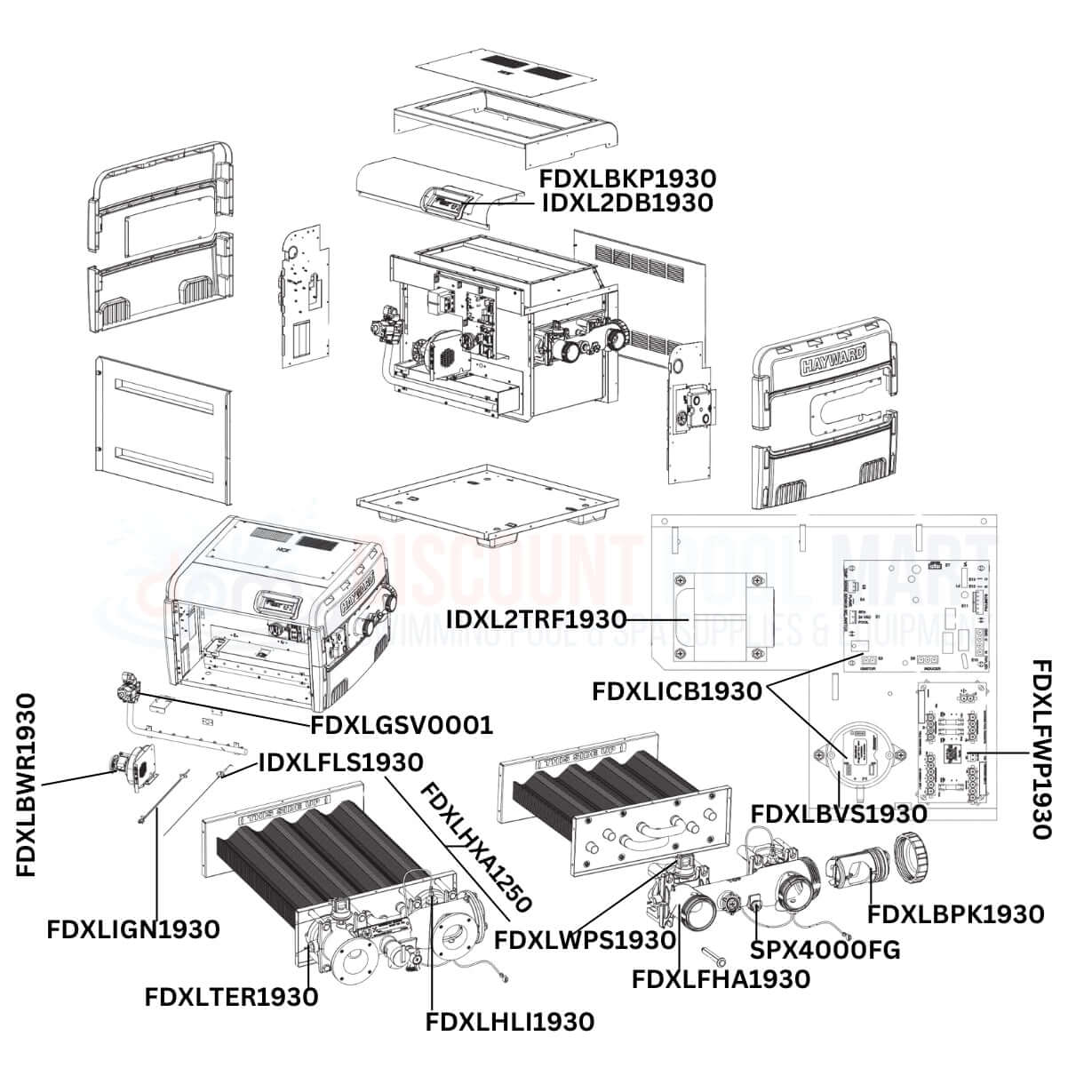Hayward H-Series H250FDN Heater parts diagram showing replacement components from Discount Pool Mart DPM for pool maintenance.