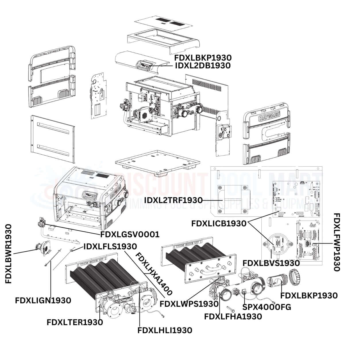 Hayward H-Series H400FDN Heater replacement parts diagram by Discount Pool Mart DPM showing various component assemblies.