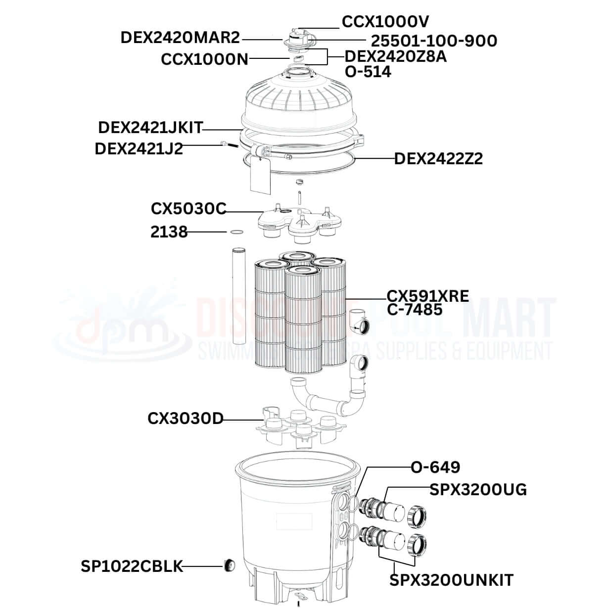 Hayward HCF Series Filter HCF7030C replacement parts diagram at Discount Pool Mart DPM, including essential components.