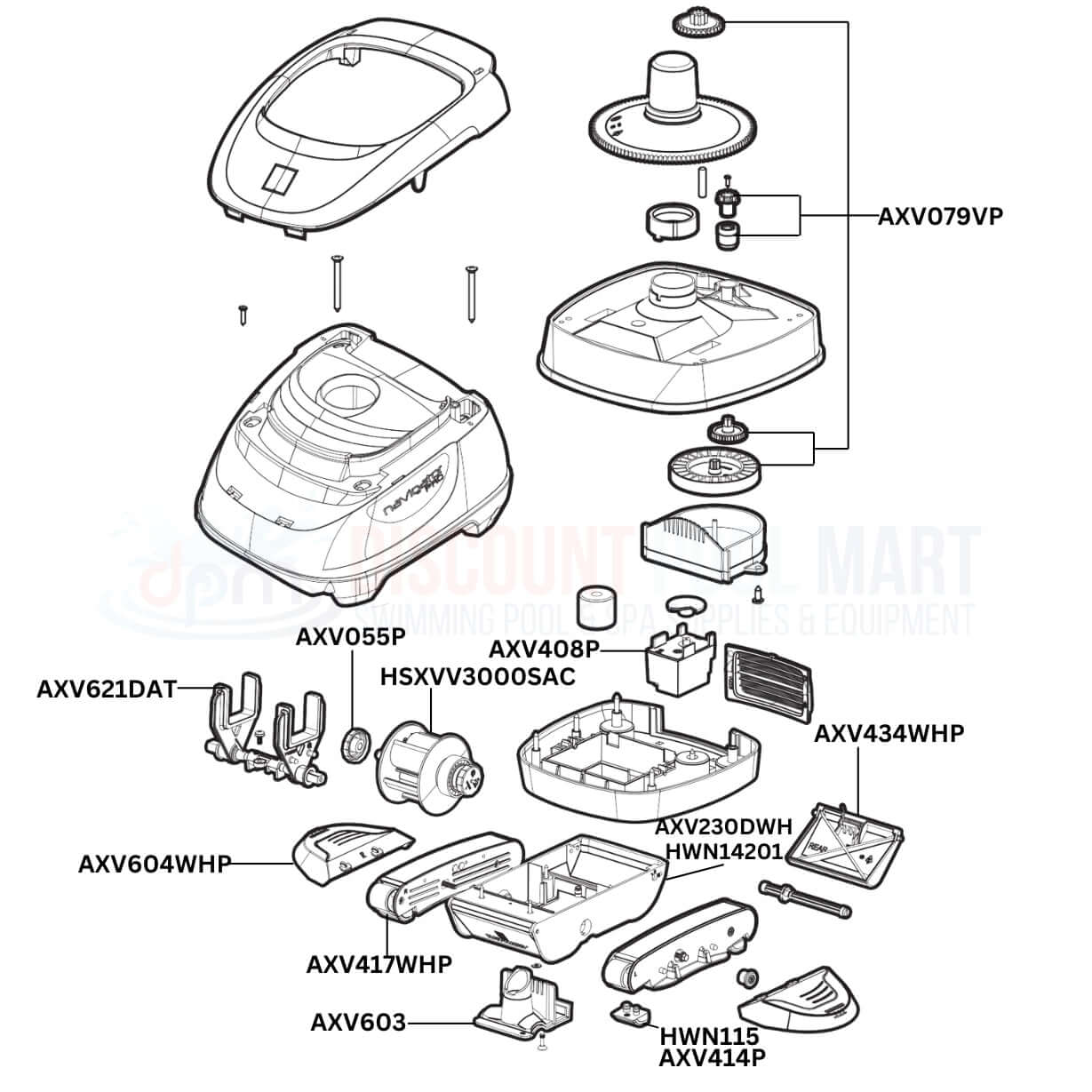 Hayward Navigator Pro Cleaner Replacement Parts Diagram from Discount Pool Mart DPM, showcasing essential components and assembly.