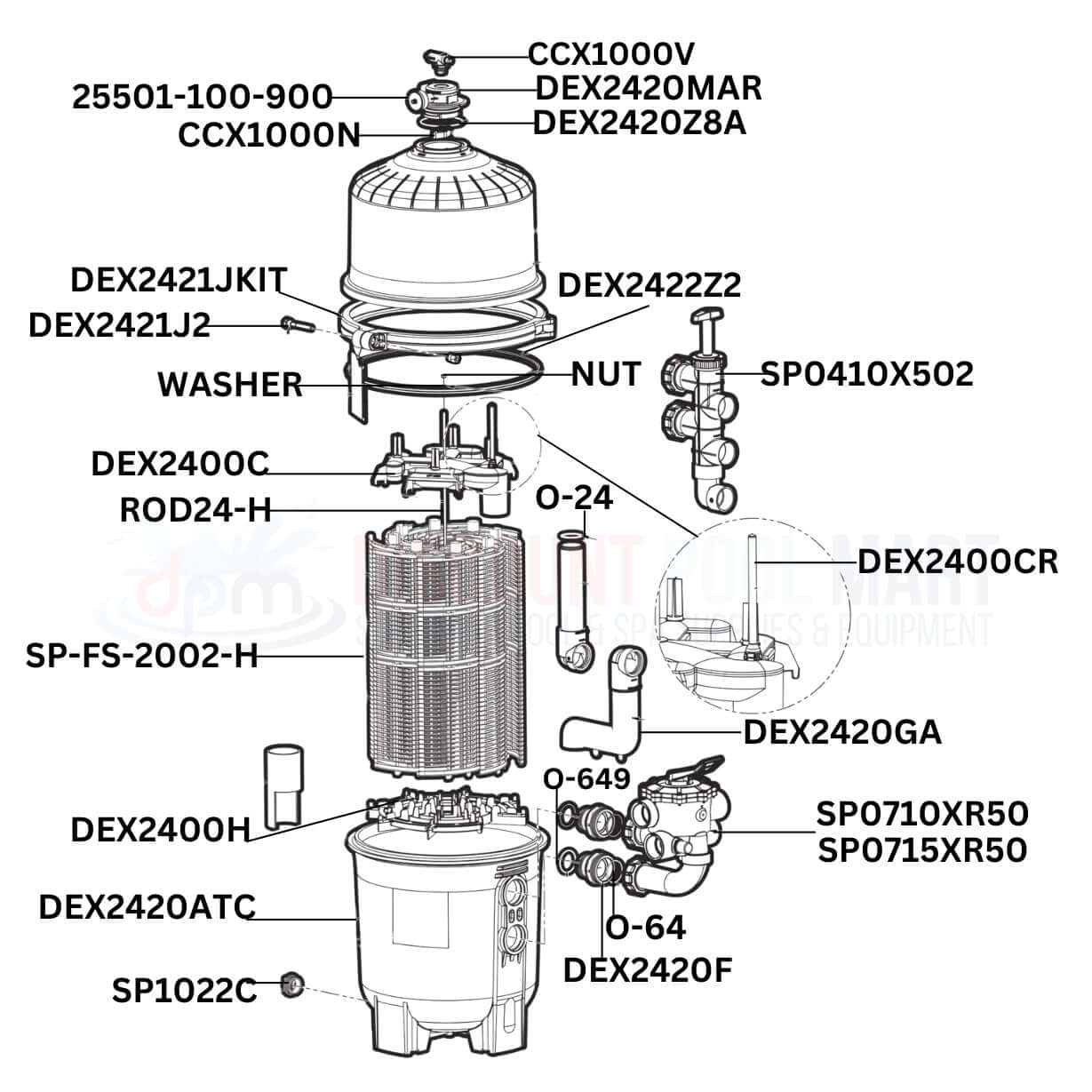 Hayward ProGrid DE2420 filter parts diagram showing components for replacement at Discount Pool Mart DPM.