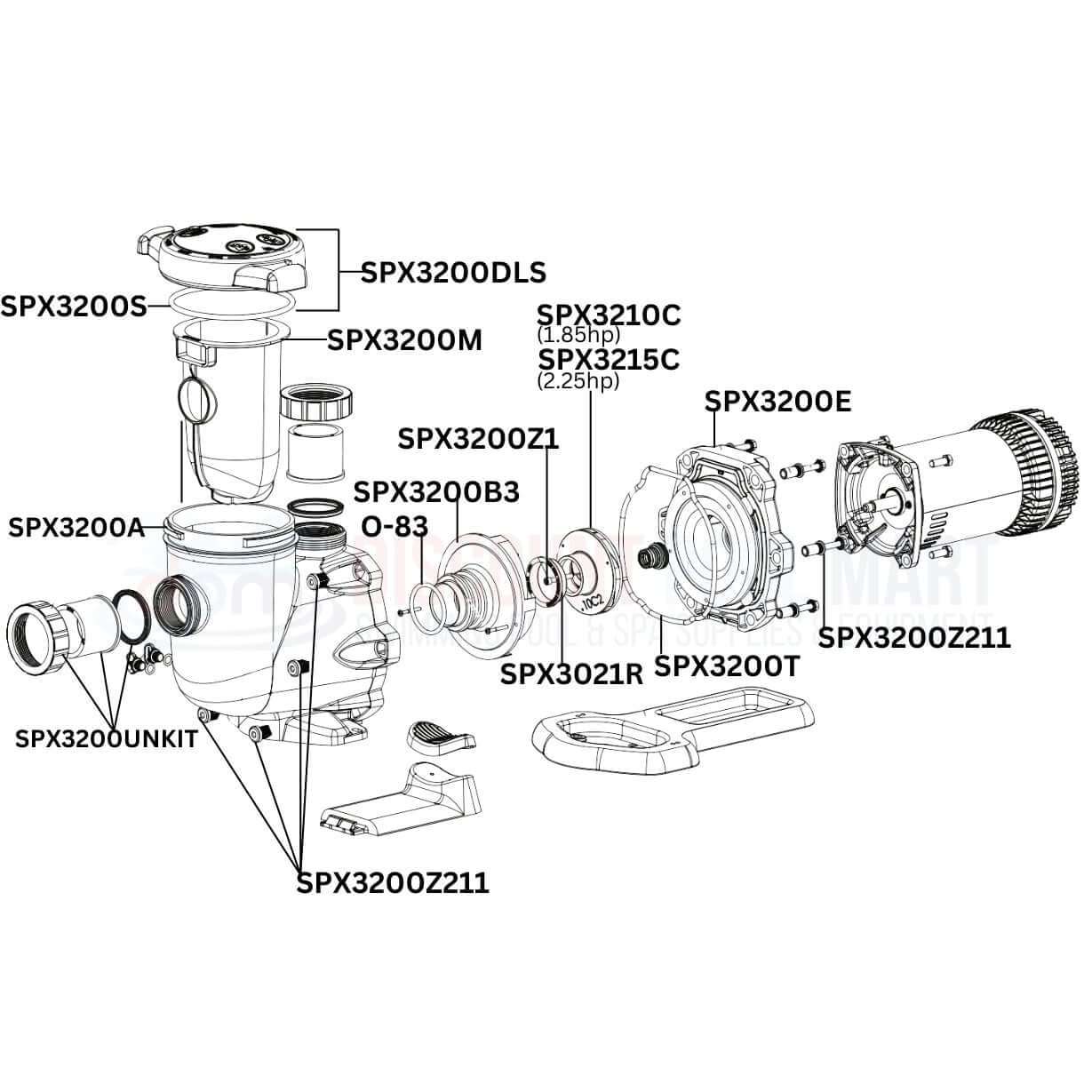 Hayward TriStar XE Ultra Single Speed Pump replacement parts diagram from Discount Pool Mart DPM showing essential components.