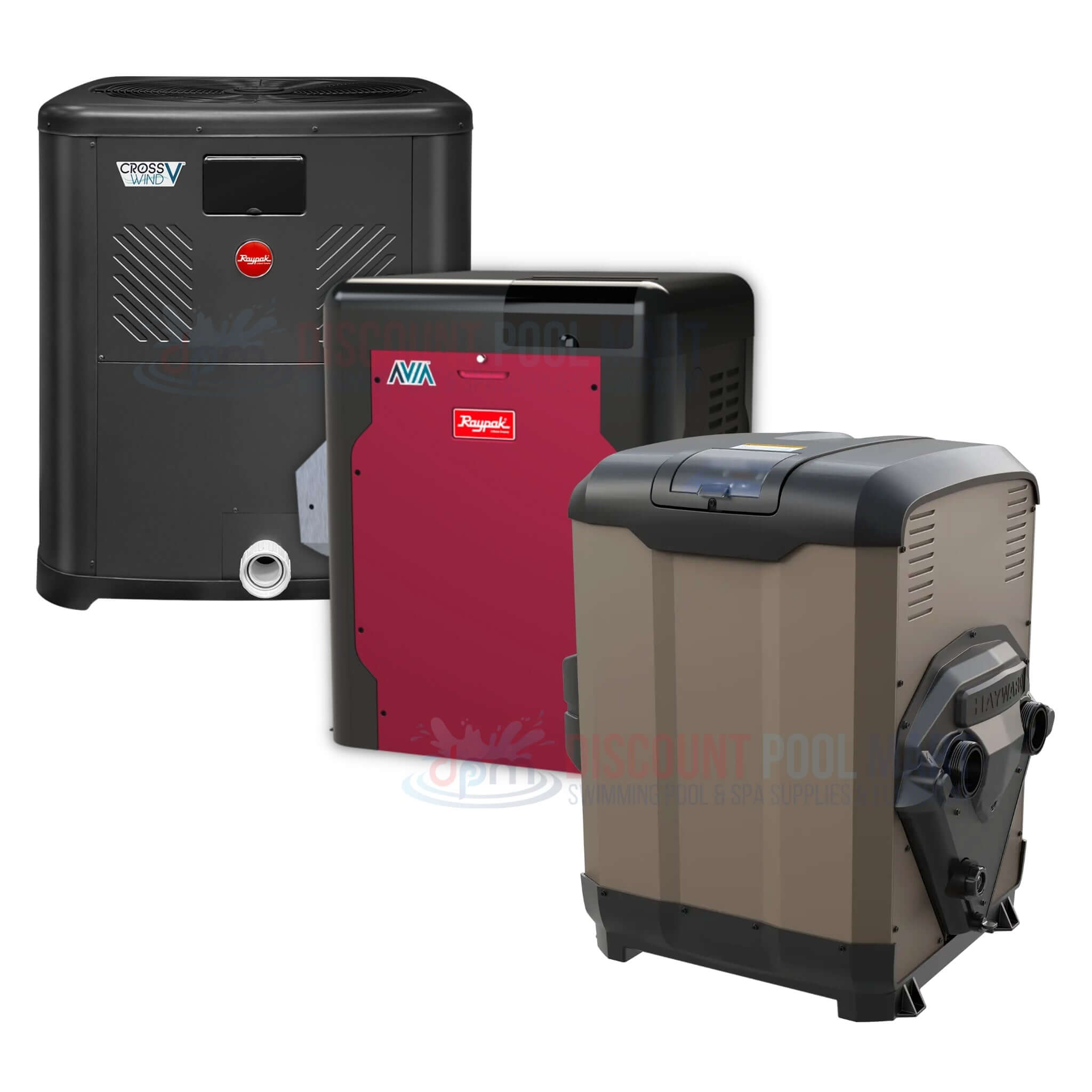 Various heaters and heat pumps from Discount Pool Mart (DPM) for efficient pool temperature management.