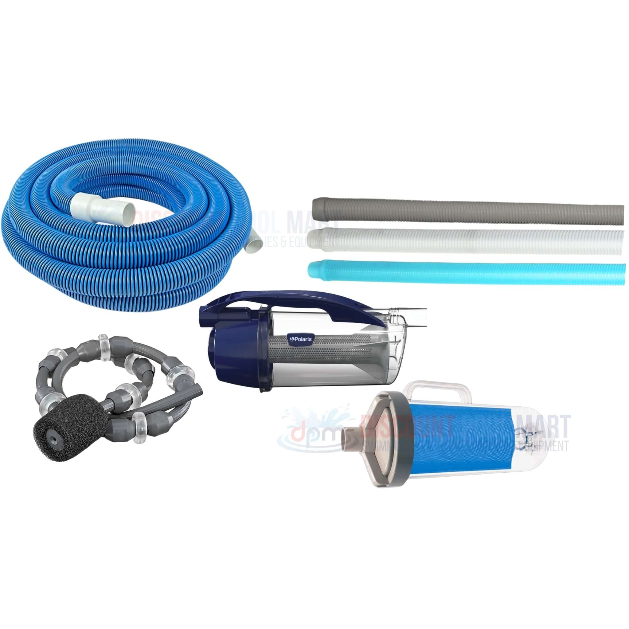 Hoses and leaf canisters for pool maintenance from Discount Pool Mart DPM, ideal for effective cleaning.