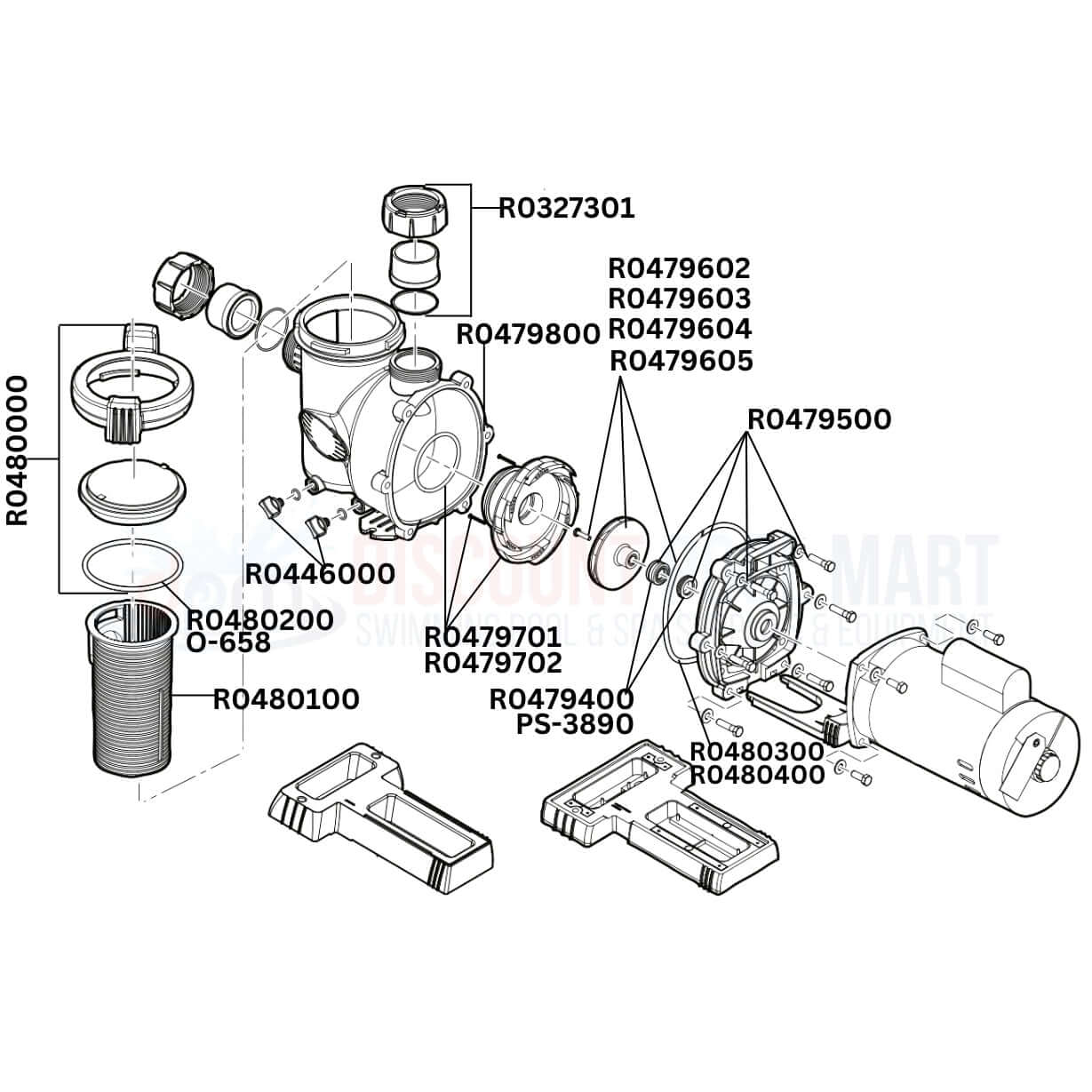 Jandy FloPro Single Speed Pump replacement parts diagram from Discount Pool Mart DPM, showcasing essential components and their labels.