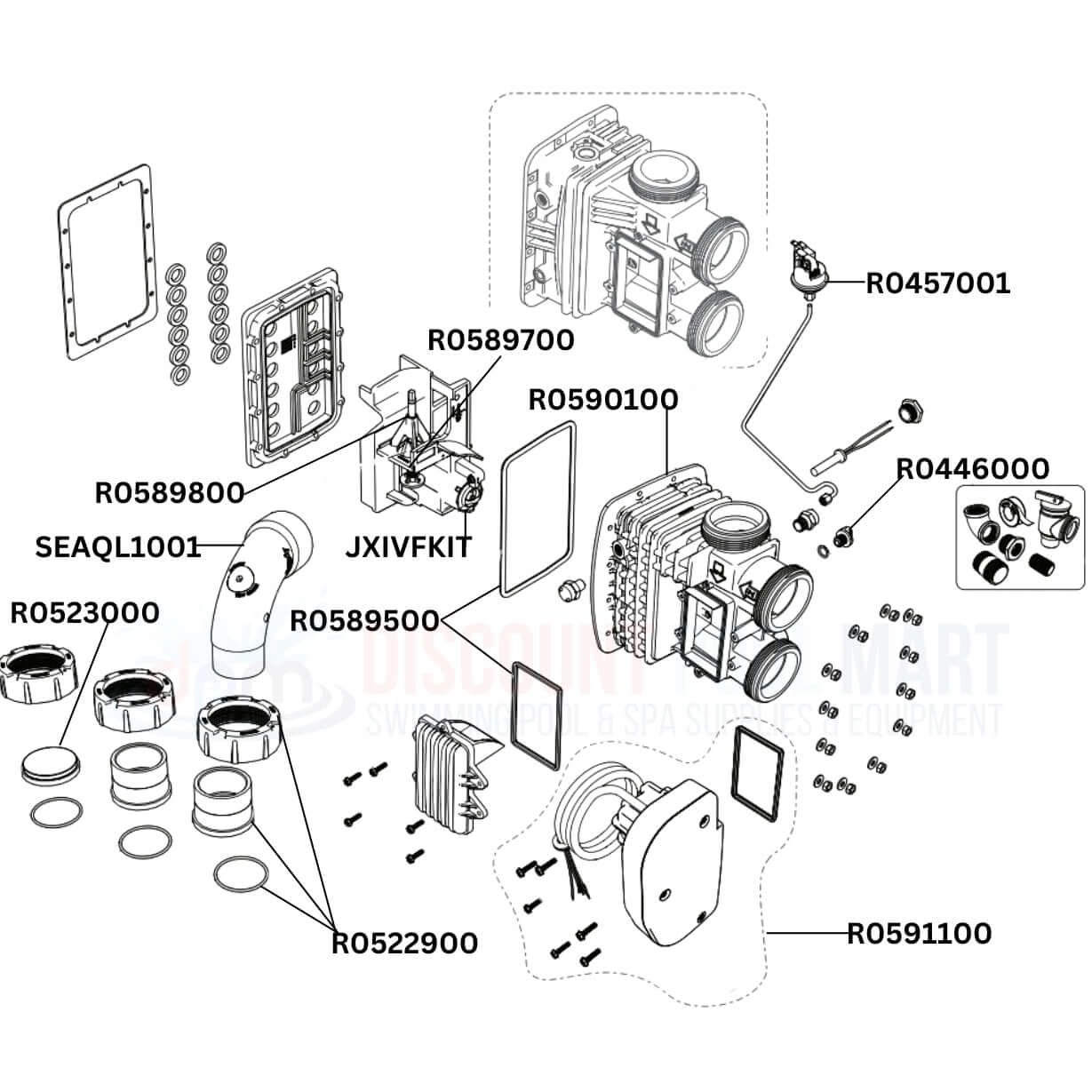 Jandy JXi400N Heater replacement parts diagram from Discount Pool Mart, featuring igniters, control panels, and components.