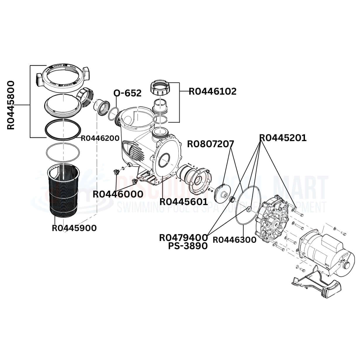 Diagram of Jandy Stealth SHPF Single Speed Pump replacement parts at Discount Pool Mart DPM. Genuine components for optimal performance.