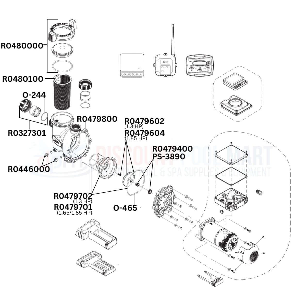 Jandy VS FloPro Variable Speed Pump replacement parts diagram highlighting components, available at Discount Pool Mart DPM.