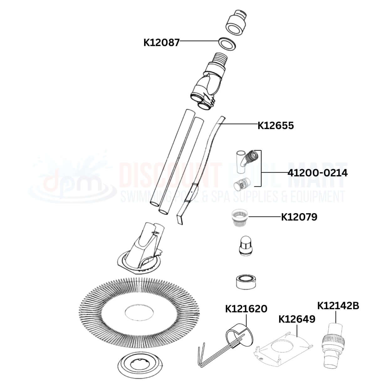 Kreepy Krauly E-Z VAC Cleaner replacement parts diagram with hoses, wheels, and components from Discount Pool Mart DPM.