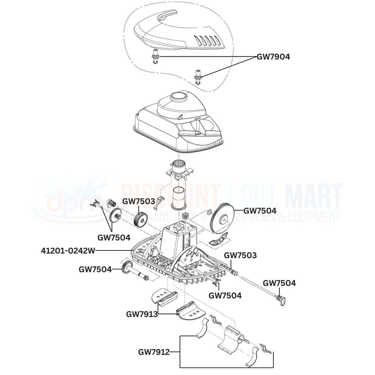 Diagram of Kreepy Krauly SandShark Inground Cleaner replacement parts with part numbers from Discount Pool Mart DPM.